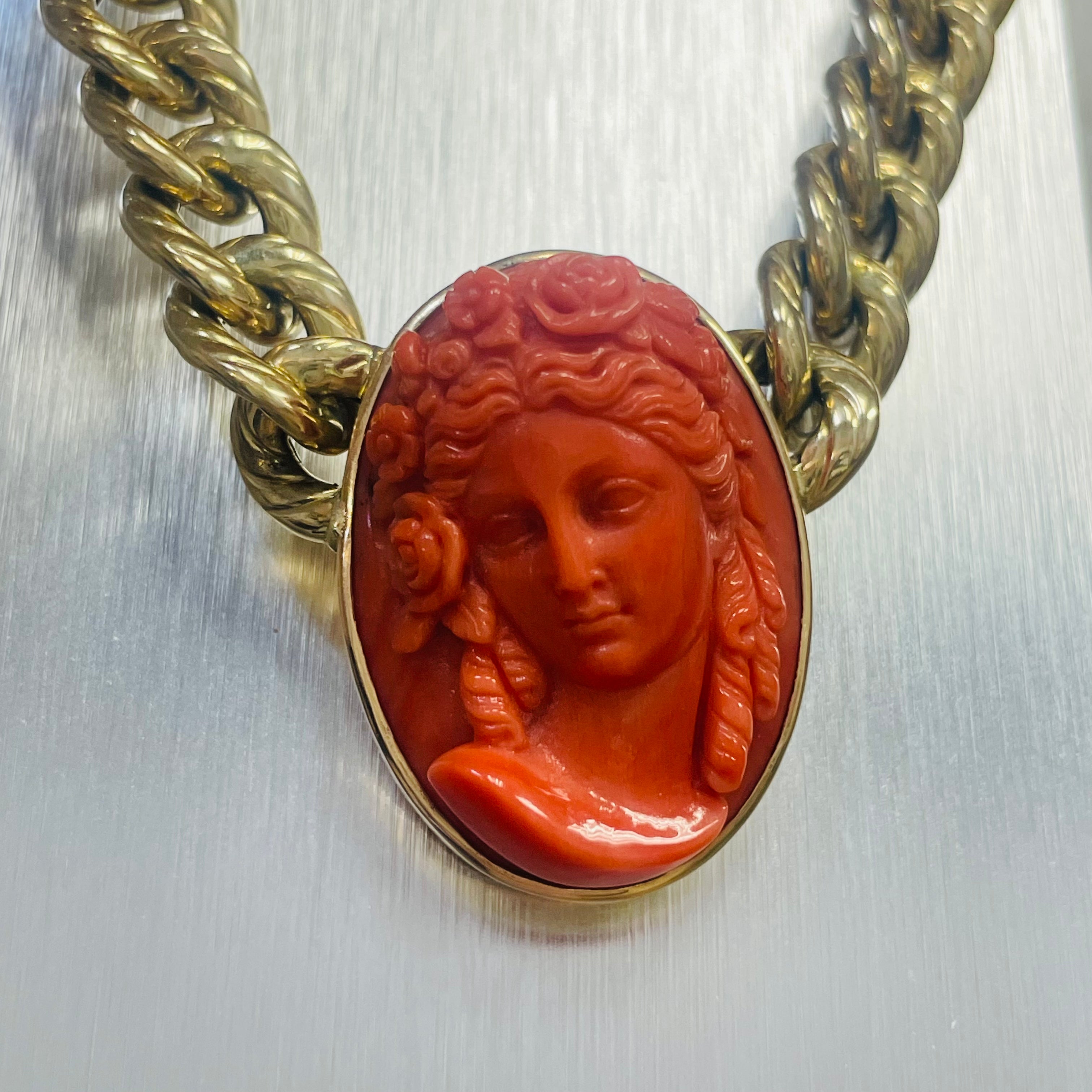 Stunning! Natural Mediterranean Deep Salmon Carved Coral Classical Lady Bezeled