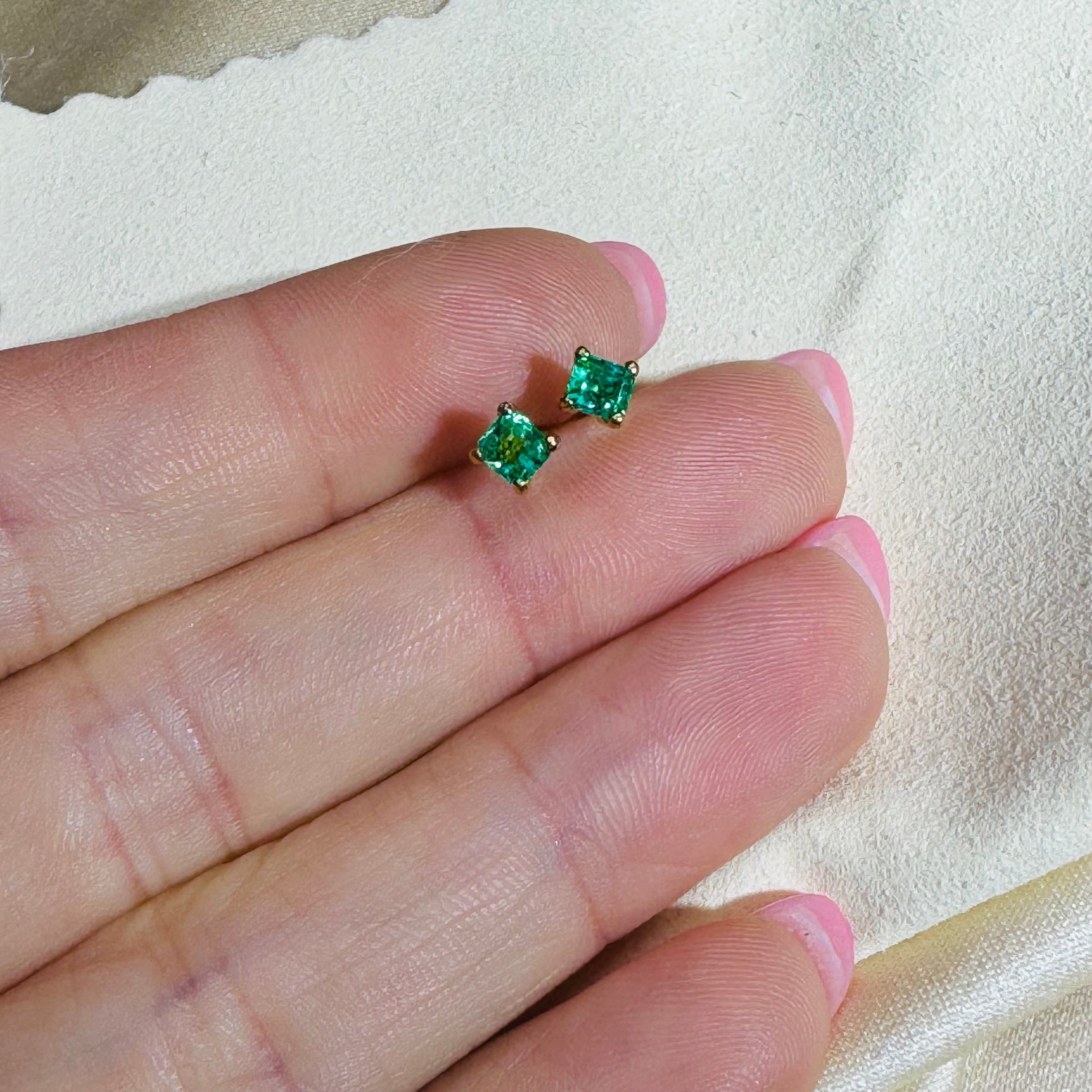 14K Yellow Gold Colombian Emerald Stud Earrings 4x4mm