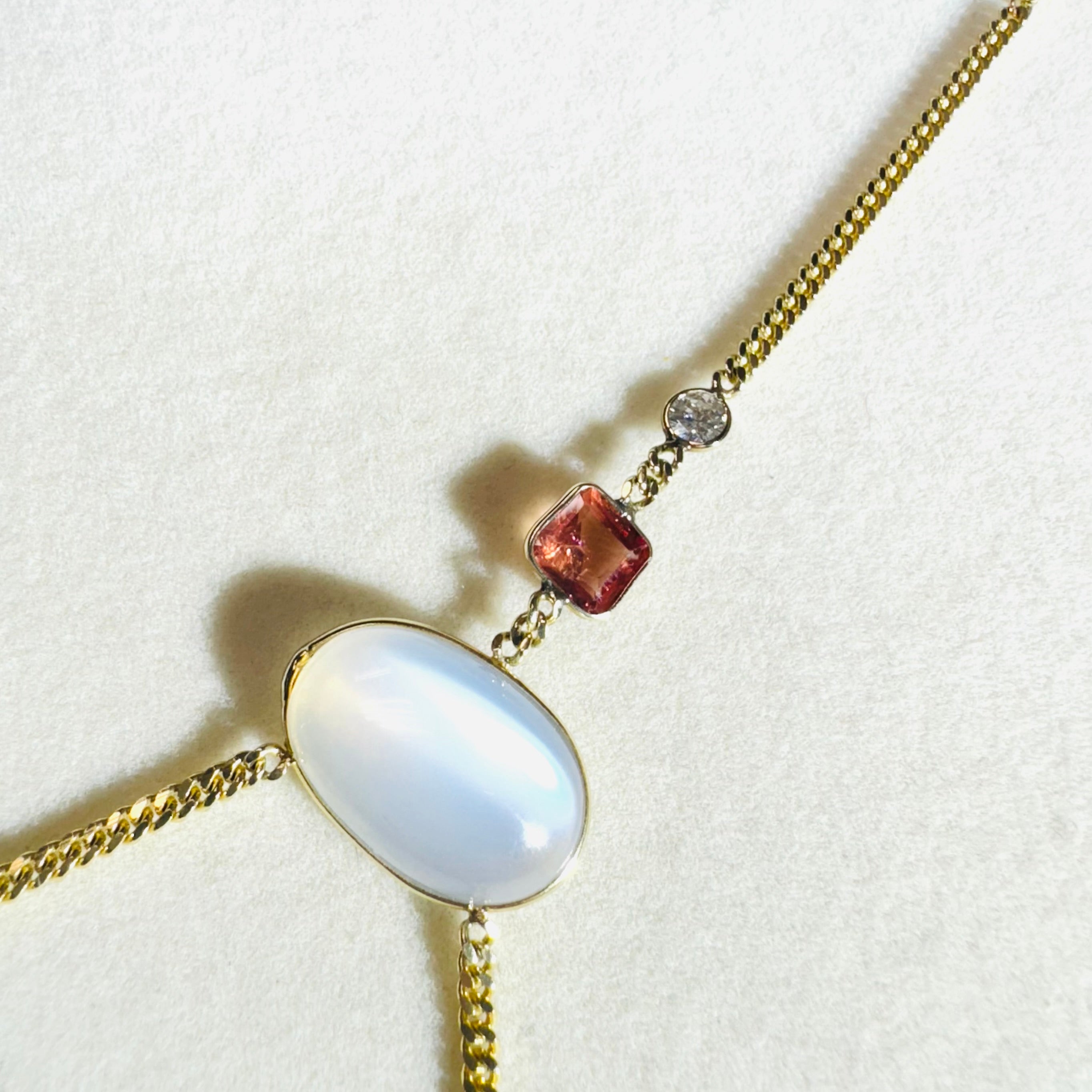 Moonstone, Spinel and Diamond 14K Yellow Gold Curb Link Hand Chain