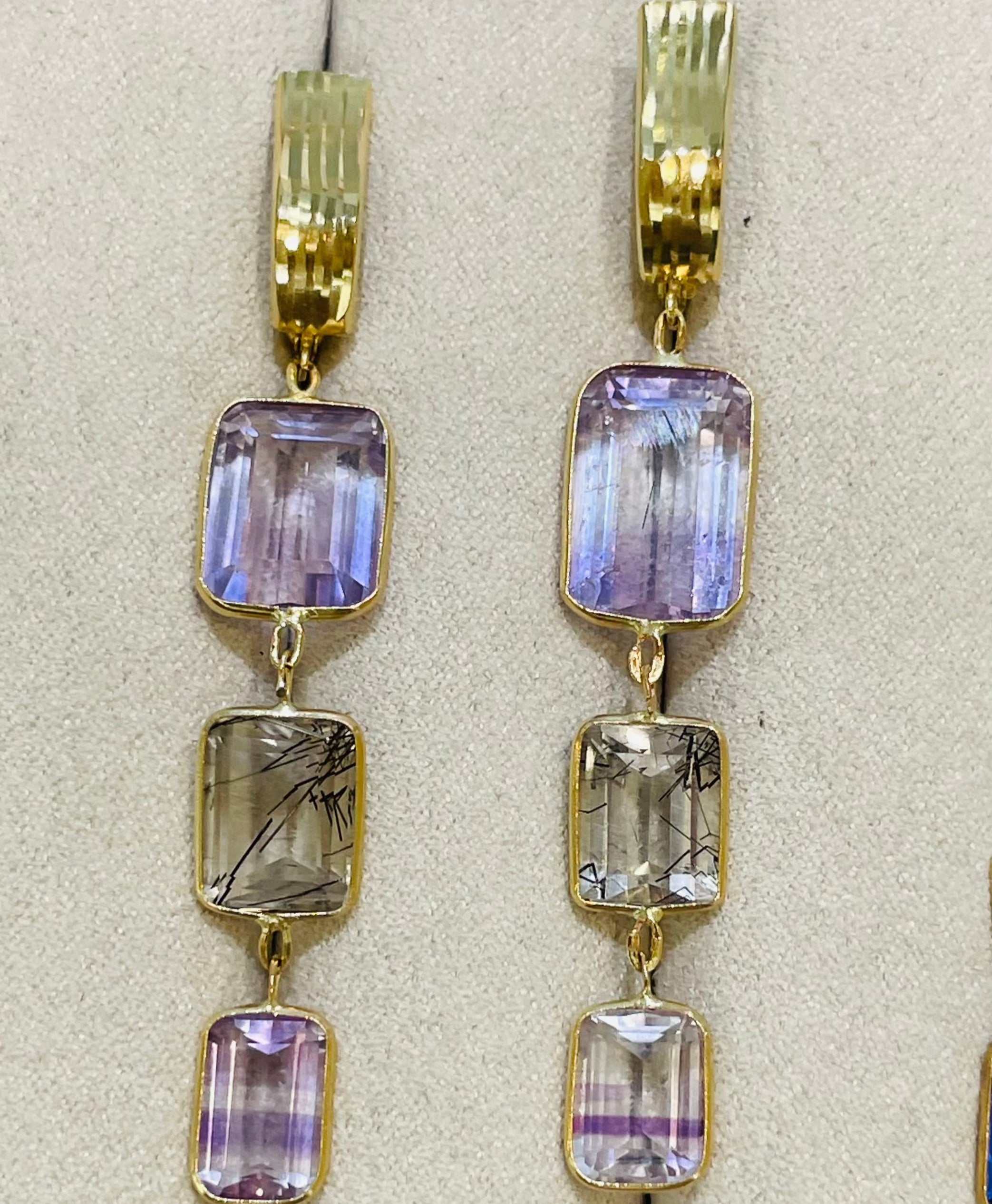 Rutilated Quartz and Striated Amethyst14K Yellow Gold Drop Earrings