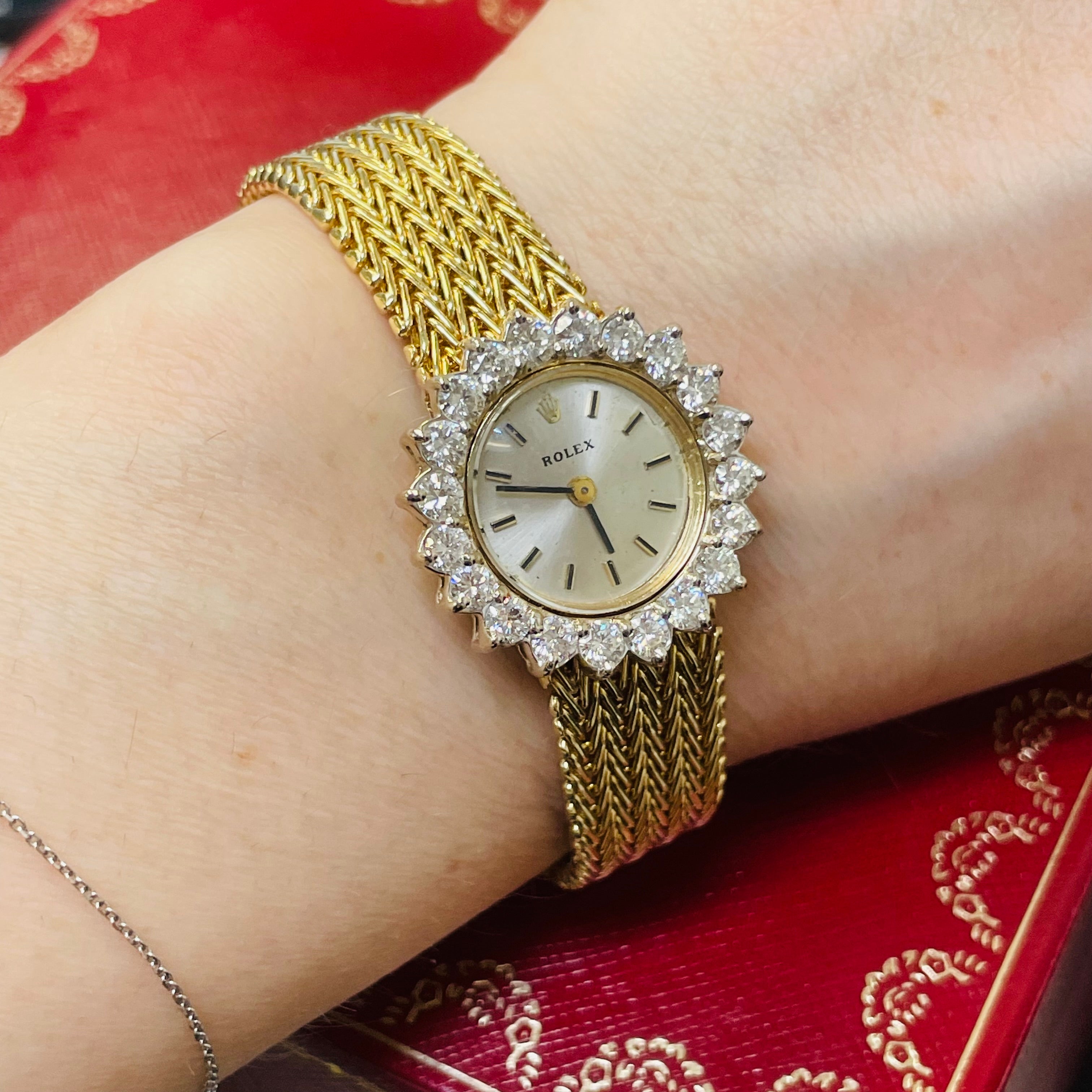 25mm Vintage Ladies Rolex Wristwatch with Factory Diamond Halo Bezel in Solid 14K Yellow Gold