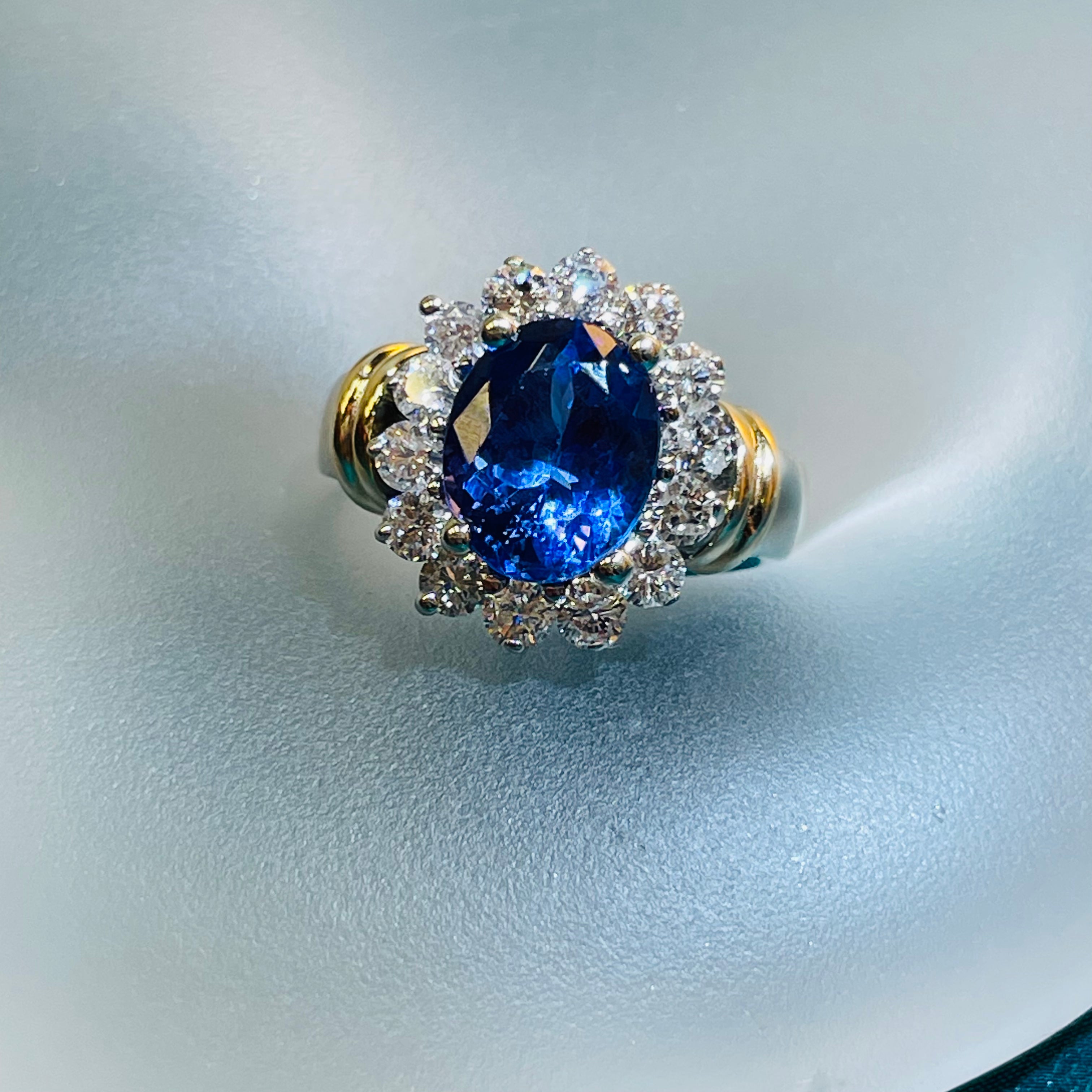 Magnificent Tanzanite and Diamond Halo Cocktail Ring 18K White Gold