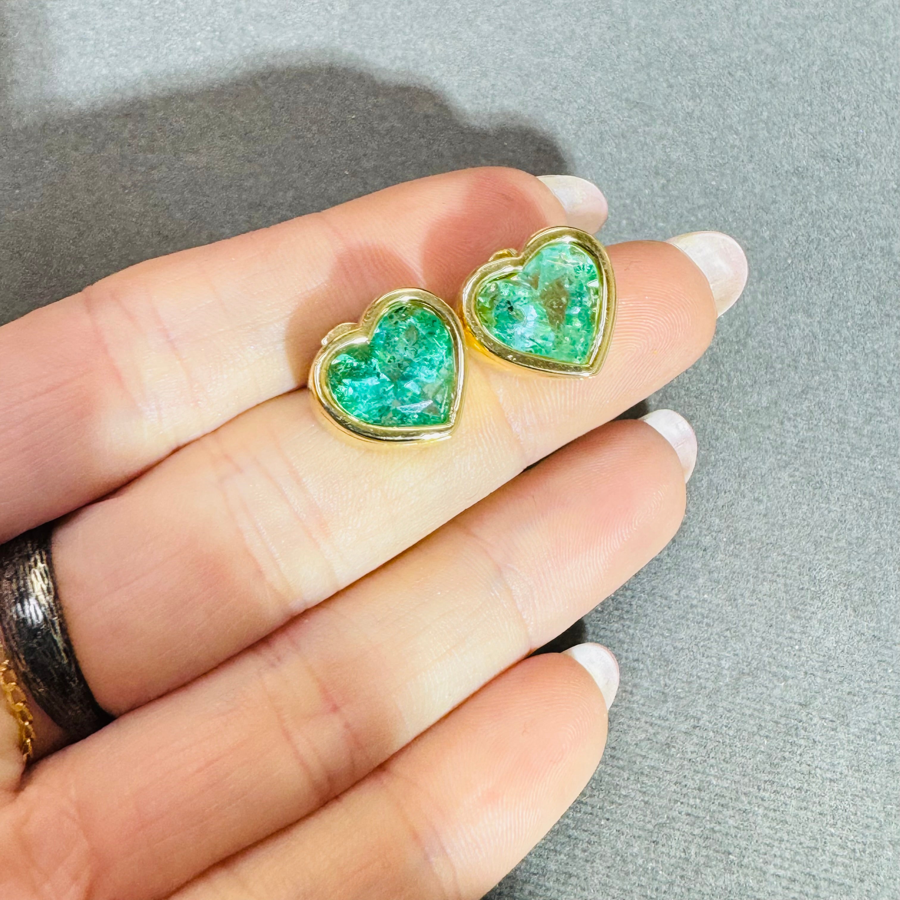 Natural 9CTW Colombian Emerald Heart Earrings 14K Yellow Gold