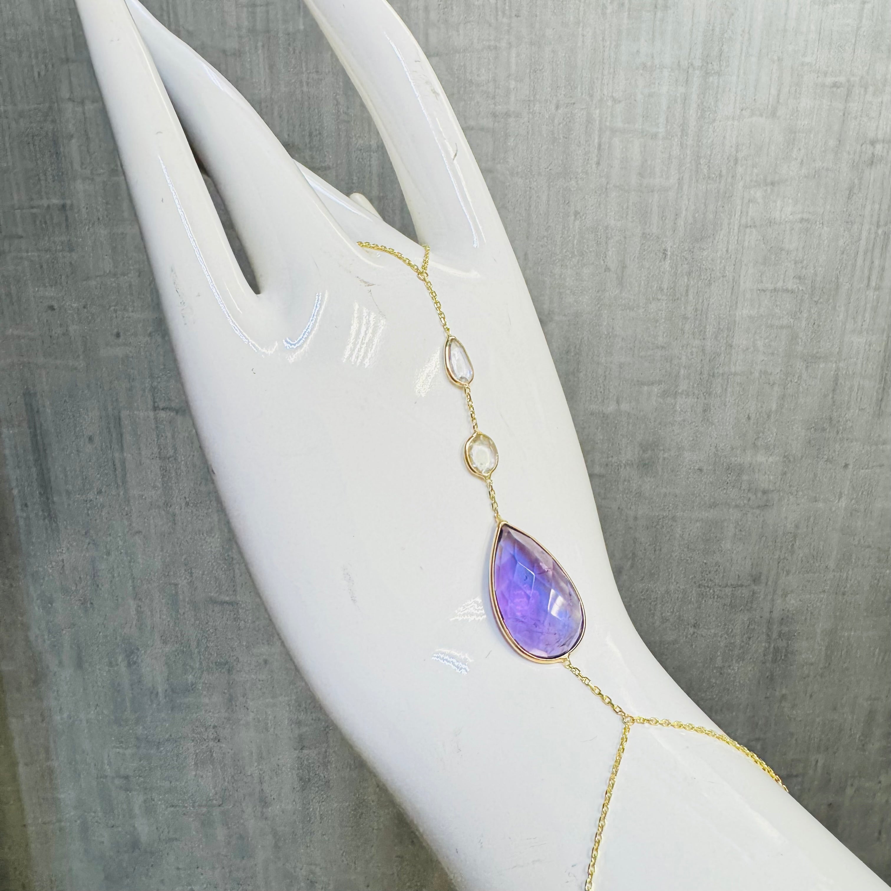 14K Yellow Gold Rose Cut White Sapphire and Amethyst Handchain