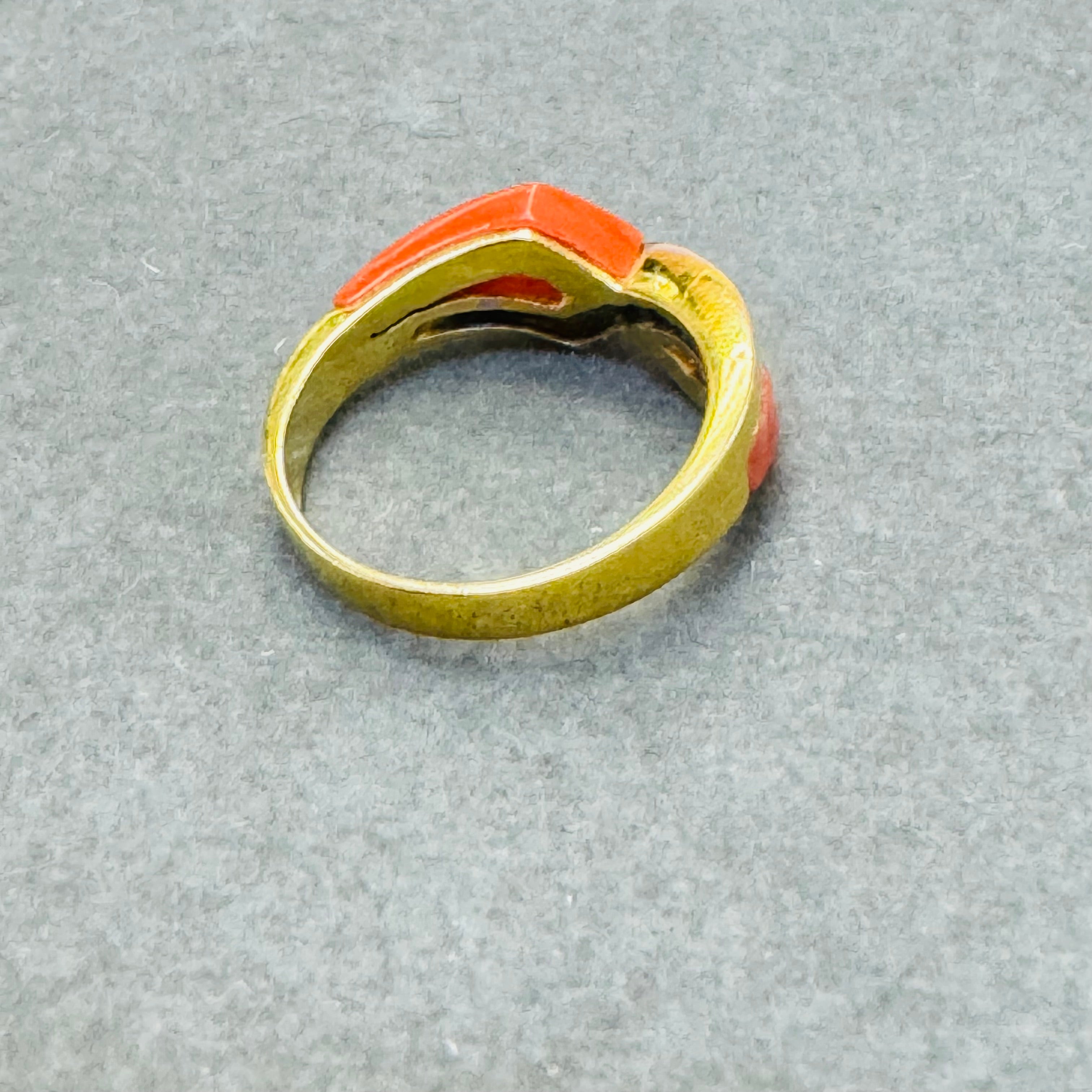 14K Yellow Gold Natural Mediterranean Coral and Diamond Avant Garde Ring Size 6