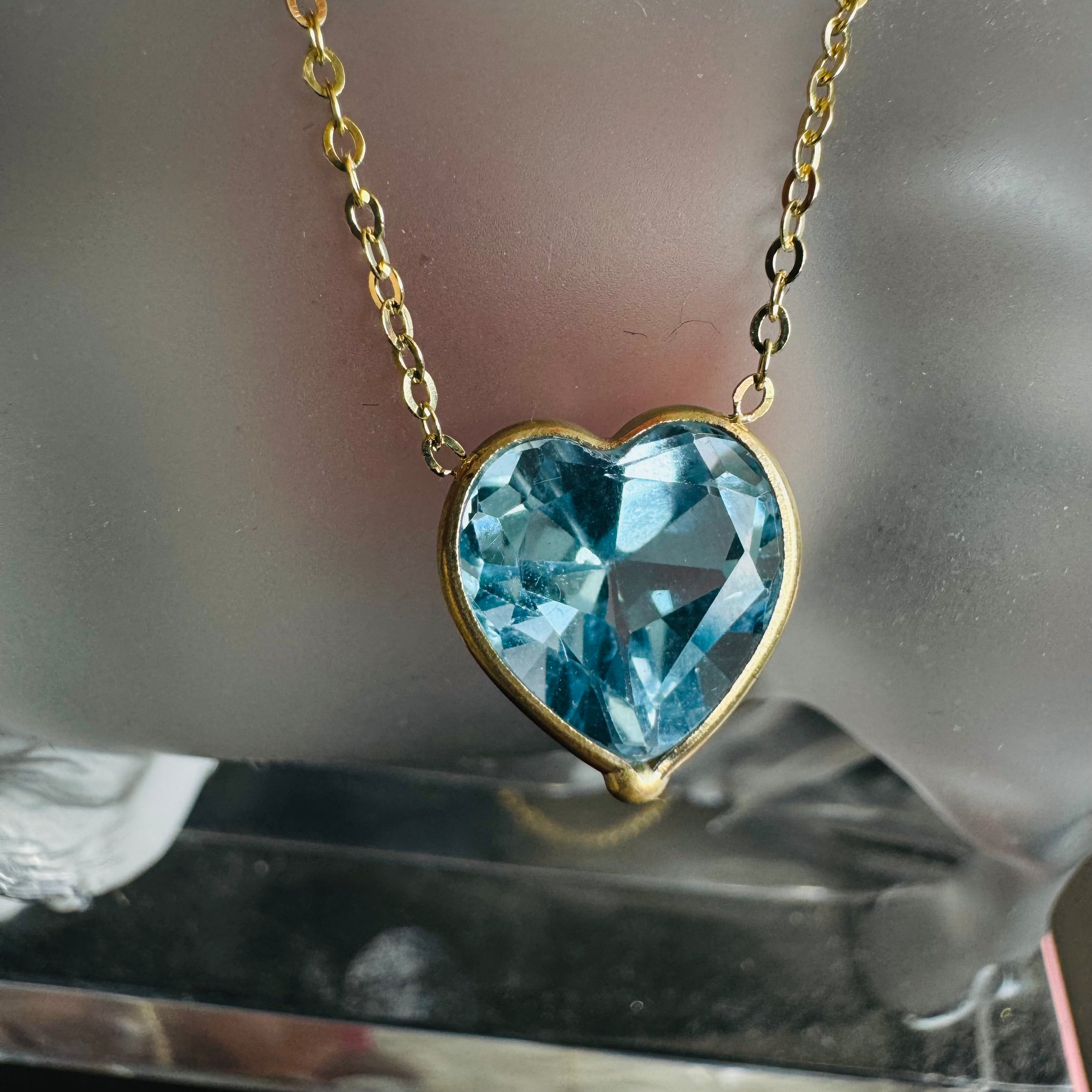 Natural Heart Blue Topaz 14K Yellow Gold Solitaire Necklace 16”- 18"