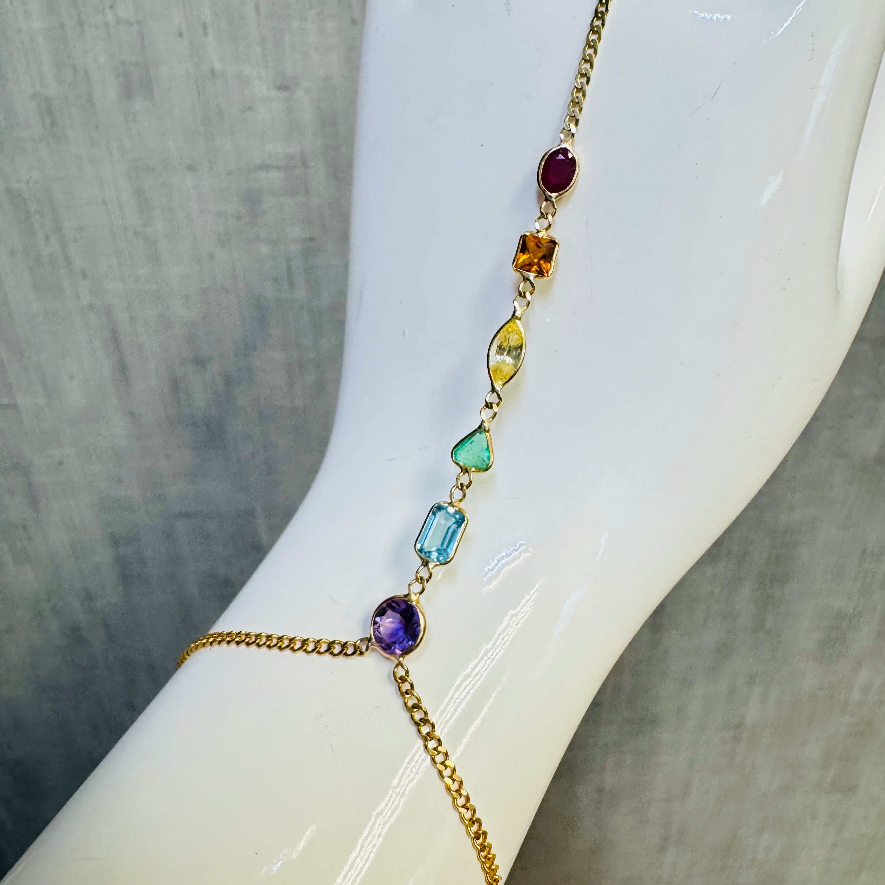 14K Yellow Gold Rainbow Gem Handchain