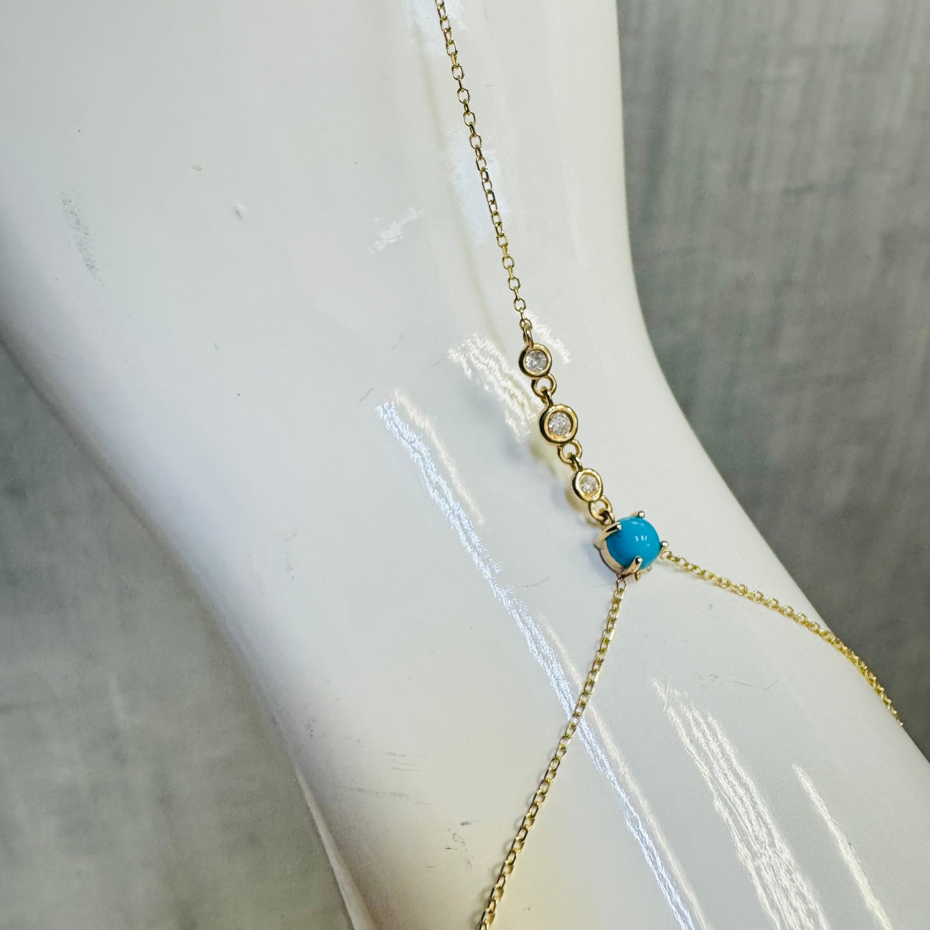 14K Yellow Gold Turquoise and  Diamond Handchain