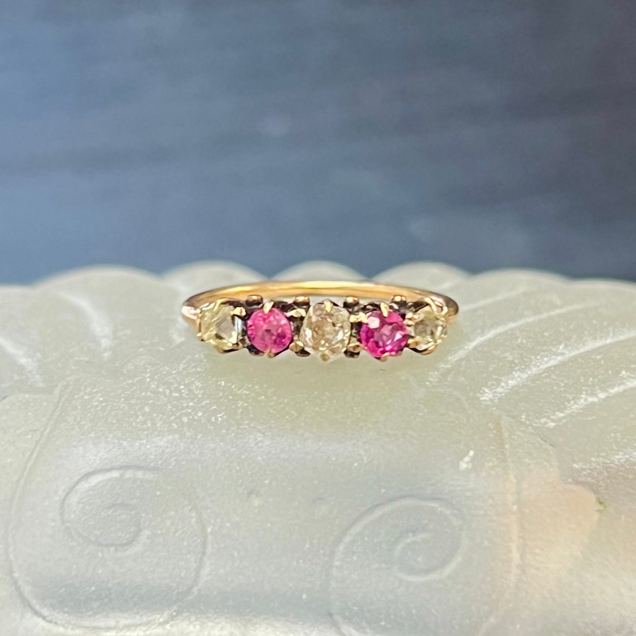 Antique Gothic Pink Sapphire and Old Cut Diamond 5 Stone Ring 14K Rose Gold Size 5.5