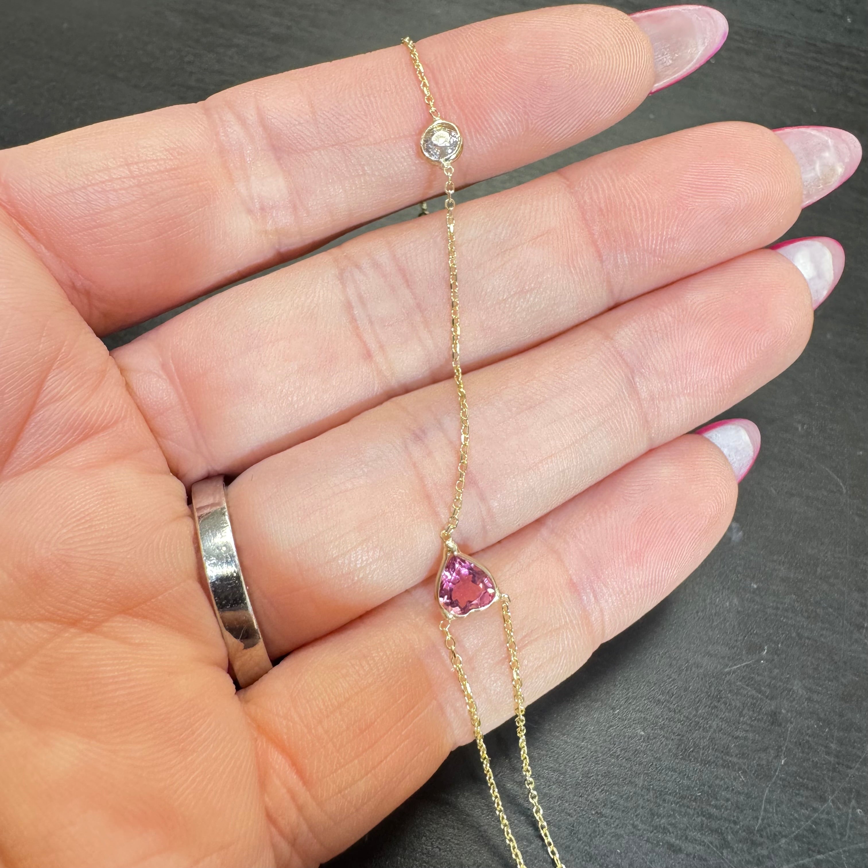 14K Yellow Gold Tourmaline Heart and Diamond Handchain