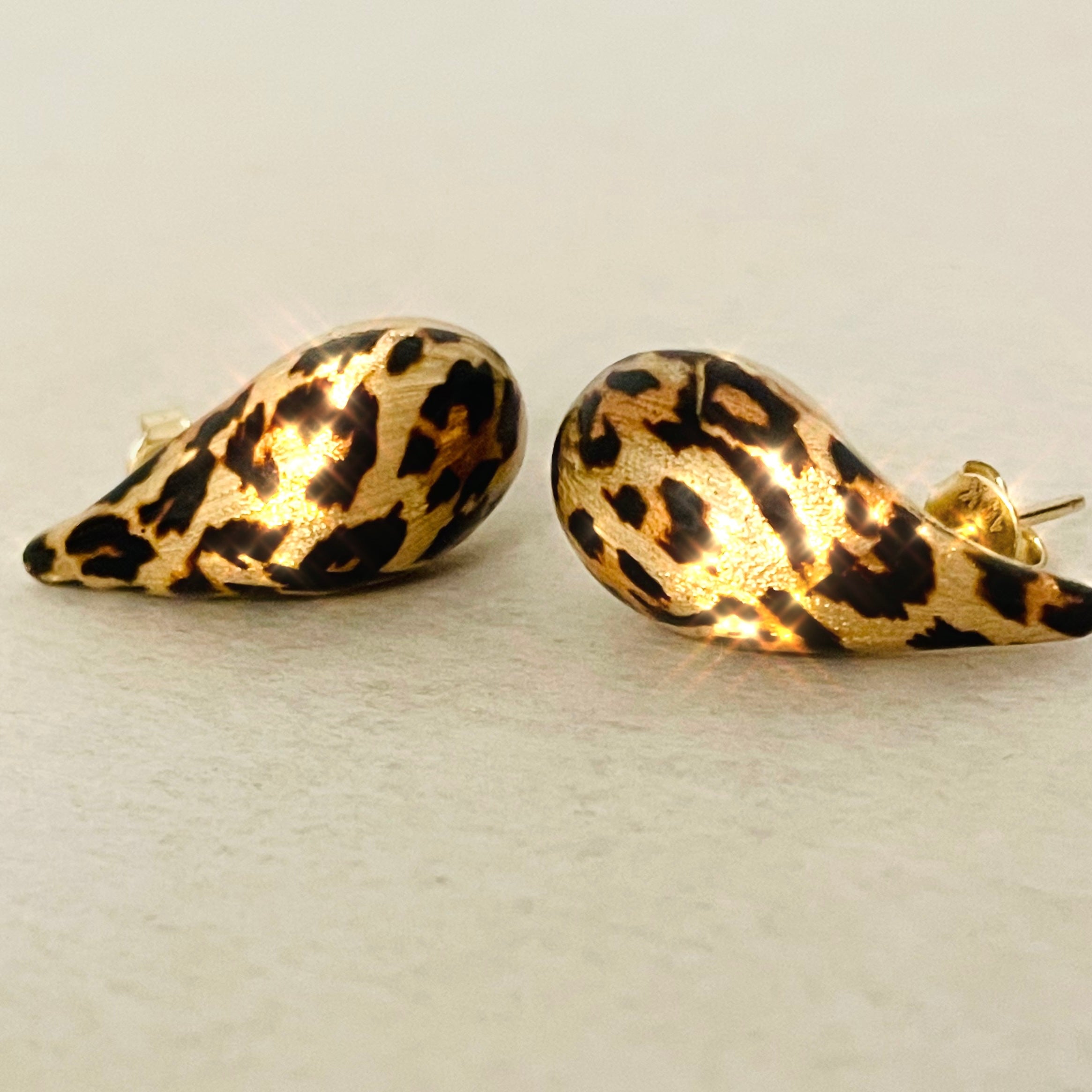 1” Leopard Print Enamel 14K Yellow Gold Teardrop Earrings