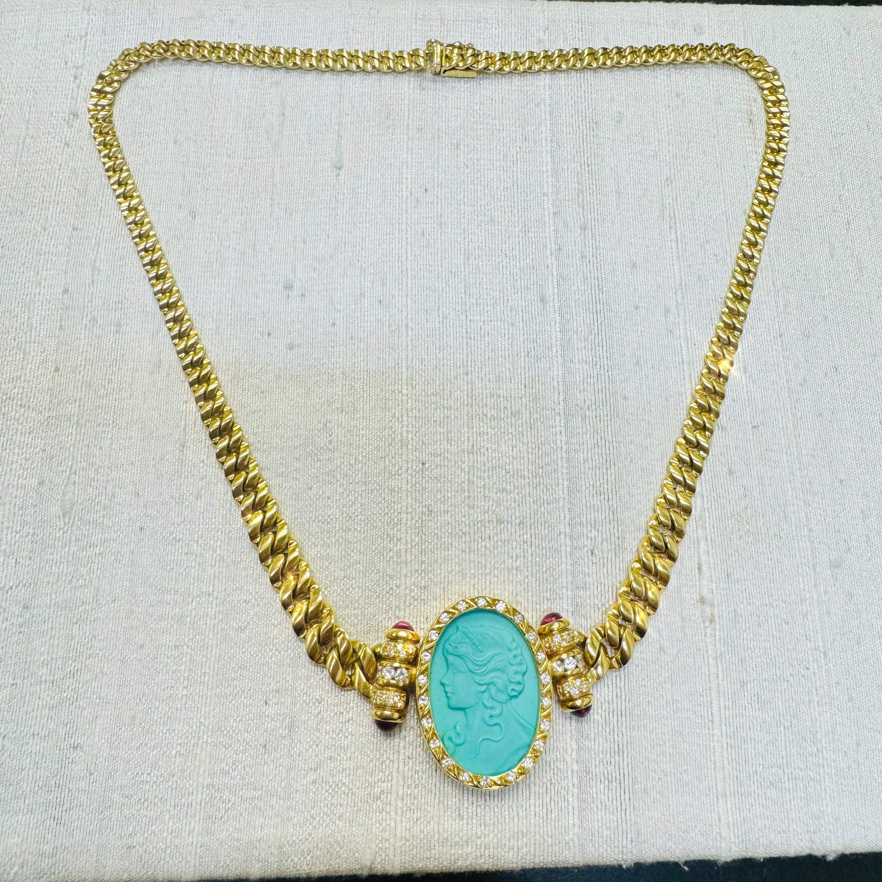 Vintage Persian Turquoise Cameo Necklace on  a Tapered Curb Link Solid 18K Gold