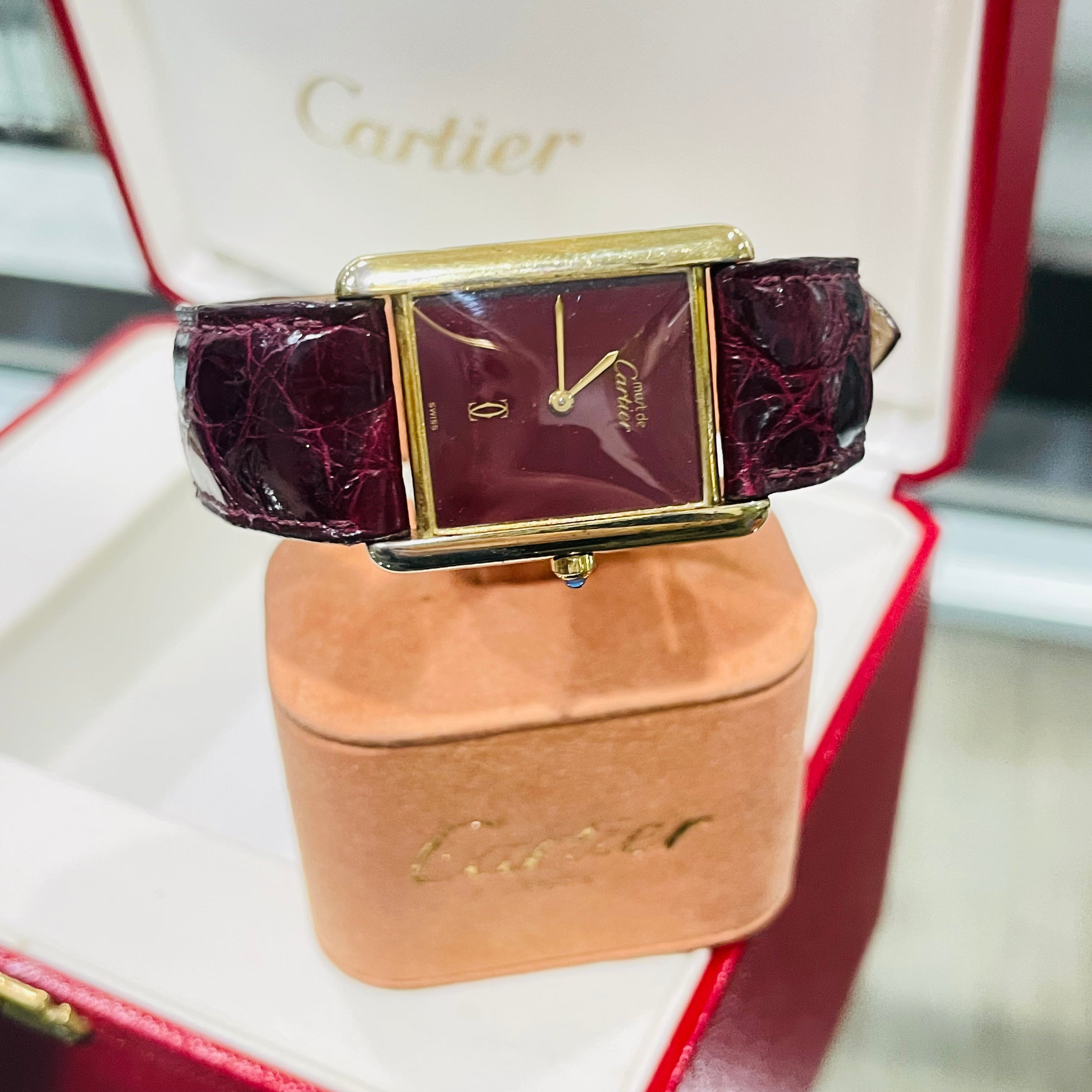 Must de Cartier Burgundy Wine Face and Strap Tank Watch 23mm