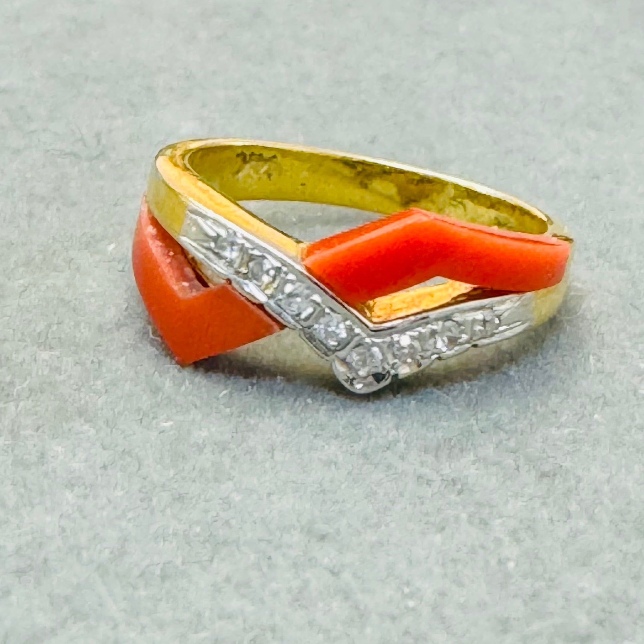 14K Yellow Gold Natural Mediterranean Coral and Diamond Avant Garde Ring Size 6