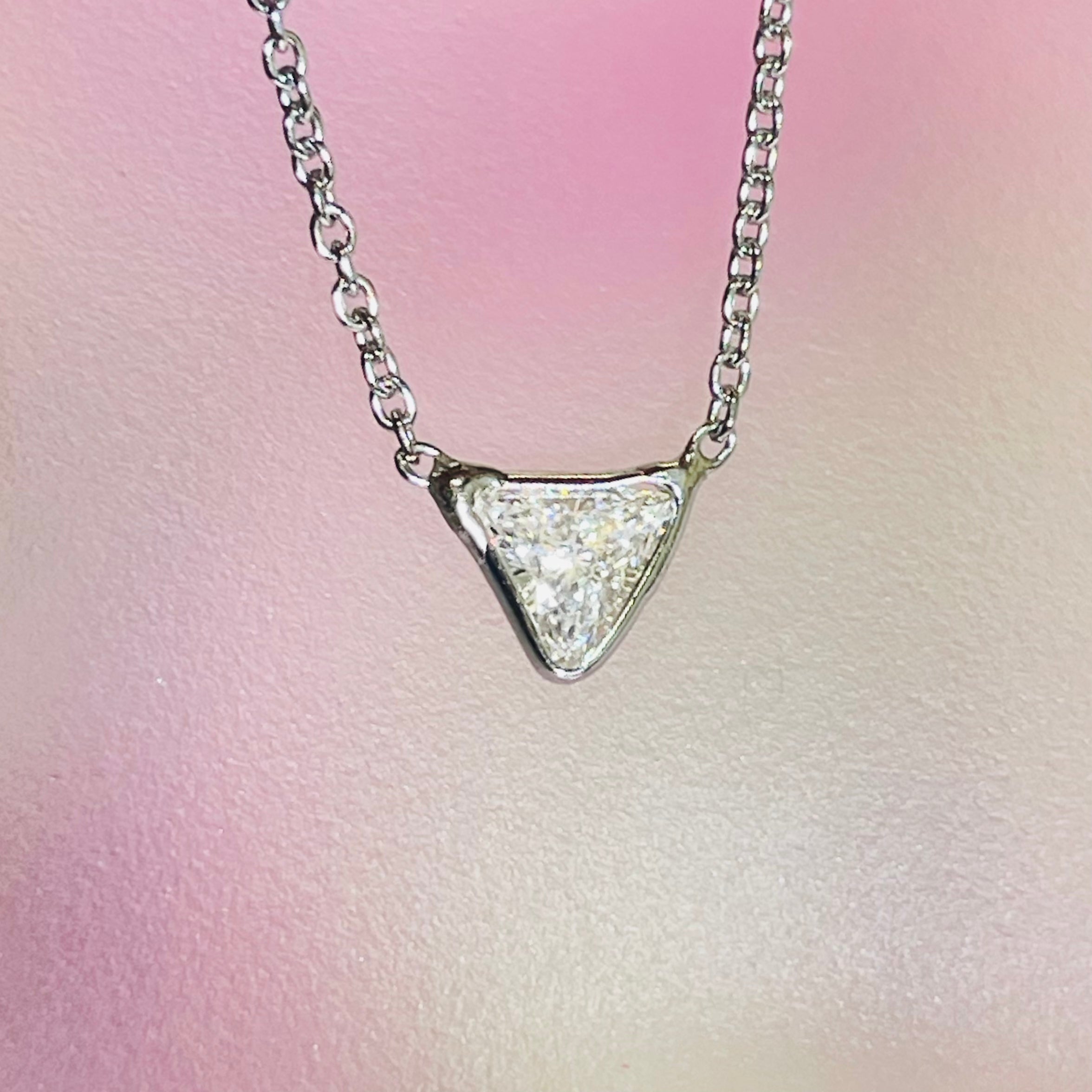 .37CT Natural Diamond Trillion 18K White Gold Solitaire Necklace 14.5-16"