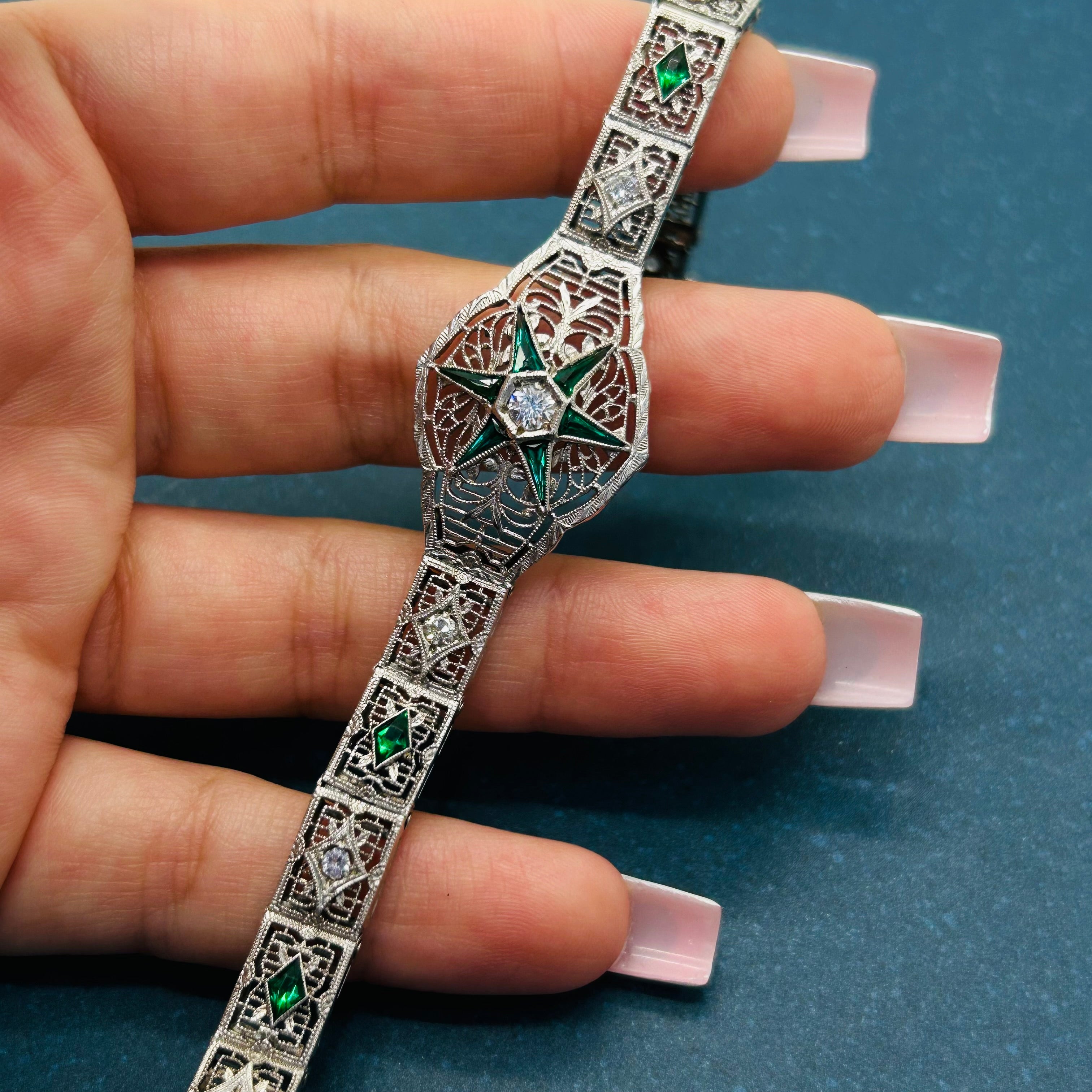 Art Deco 14K White Gold Natural Diamonds and Synthetic Emeralds 7” Bracelet