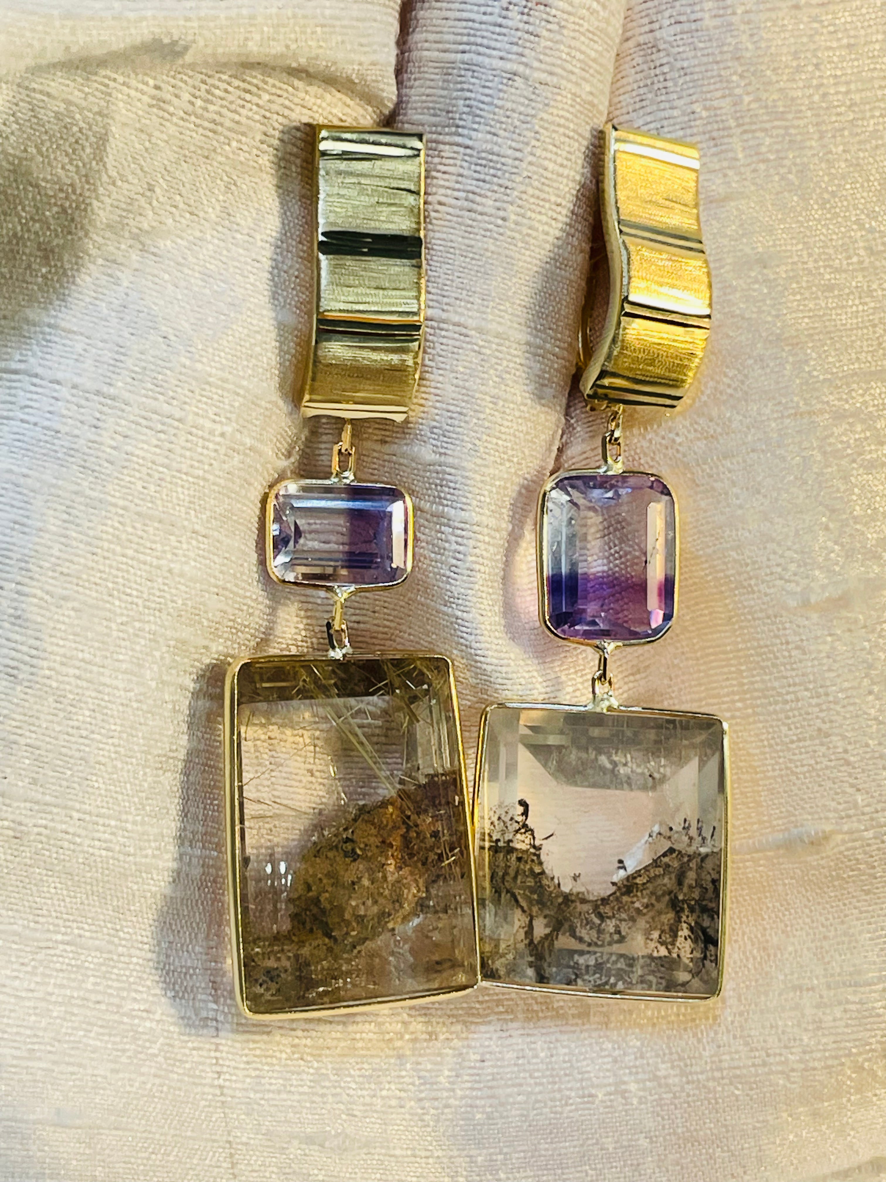 Picture Agate and Striated Amethyst 14K Yellow Gold Drop Earrings