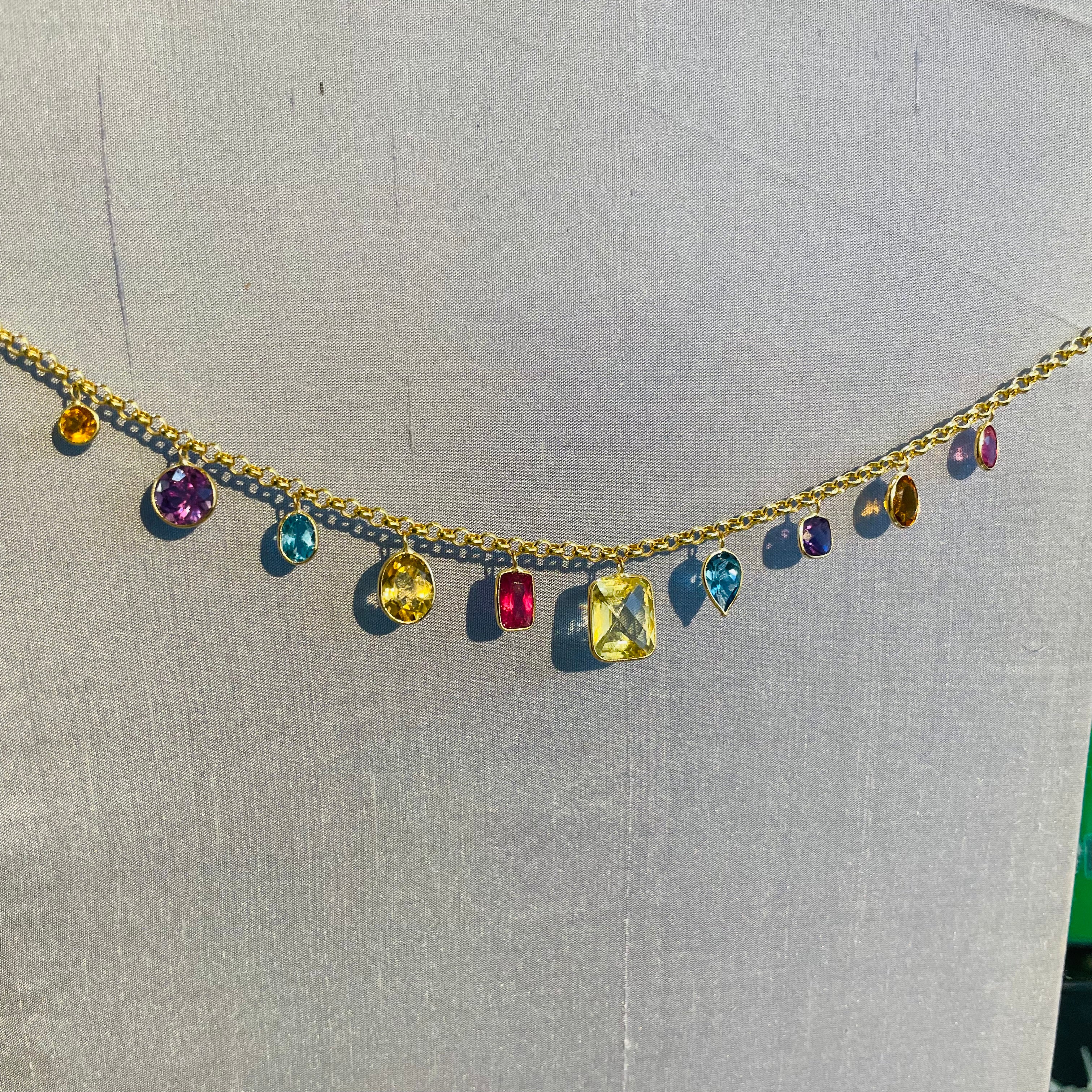 Bright and Colorful! Solid 14K Yellow Gold Gem Charm Necklace with Pink Tourmaline Topaz Citrine Aquamarine, and Amethyst Custom