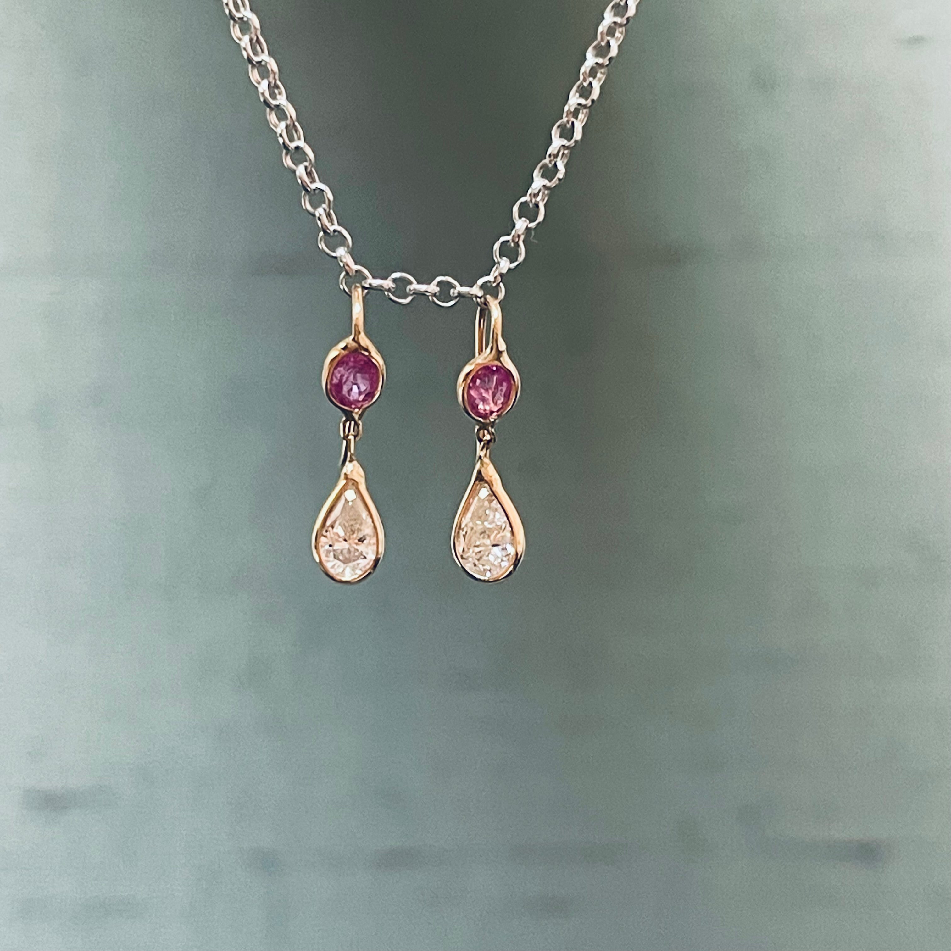 Diamond Bezeled Pear and Pink Sapphire 14K Yellow  Gold Dangling Earrings