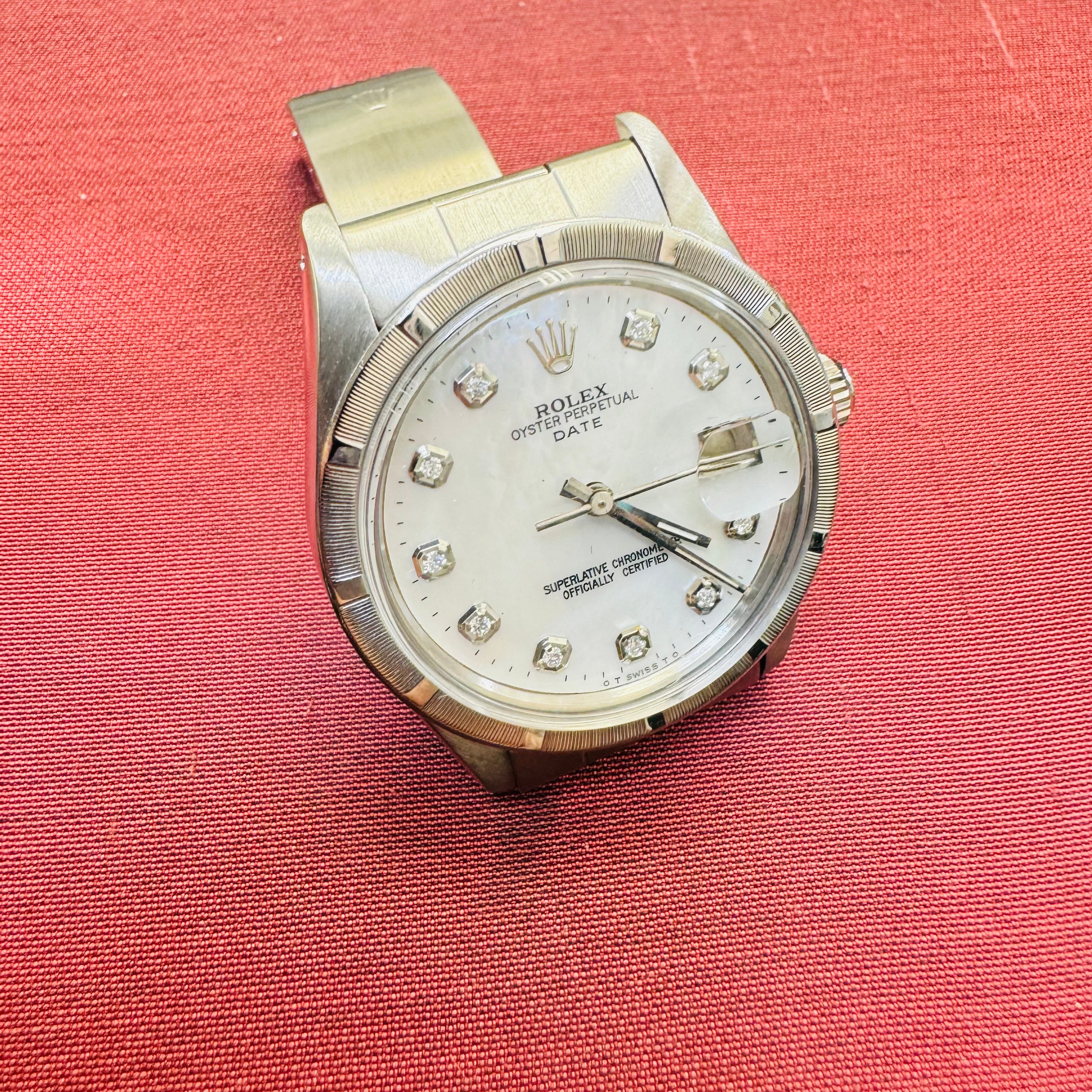 34mm Stainless Rolex Date Mother of Pearl Diamond Dial Watch Year 1983