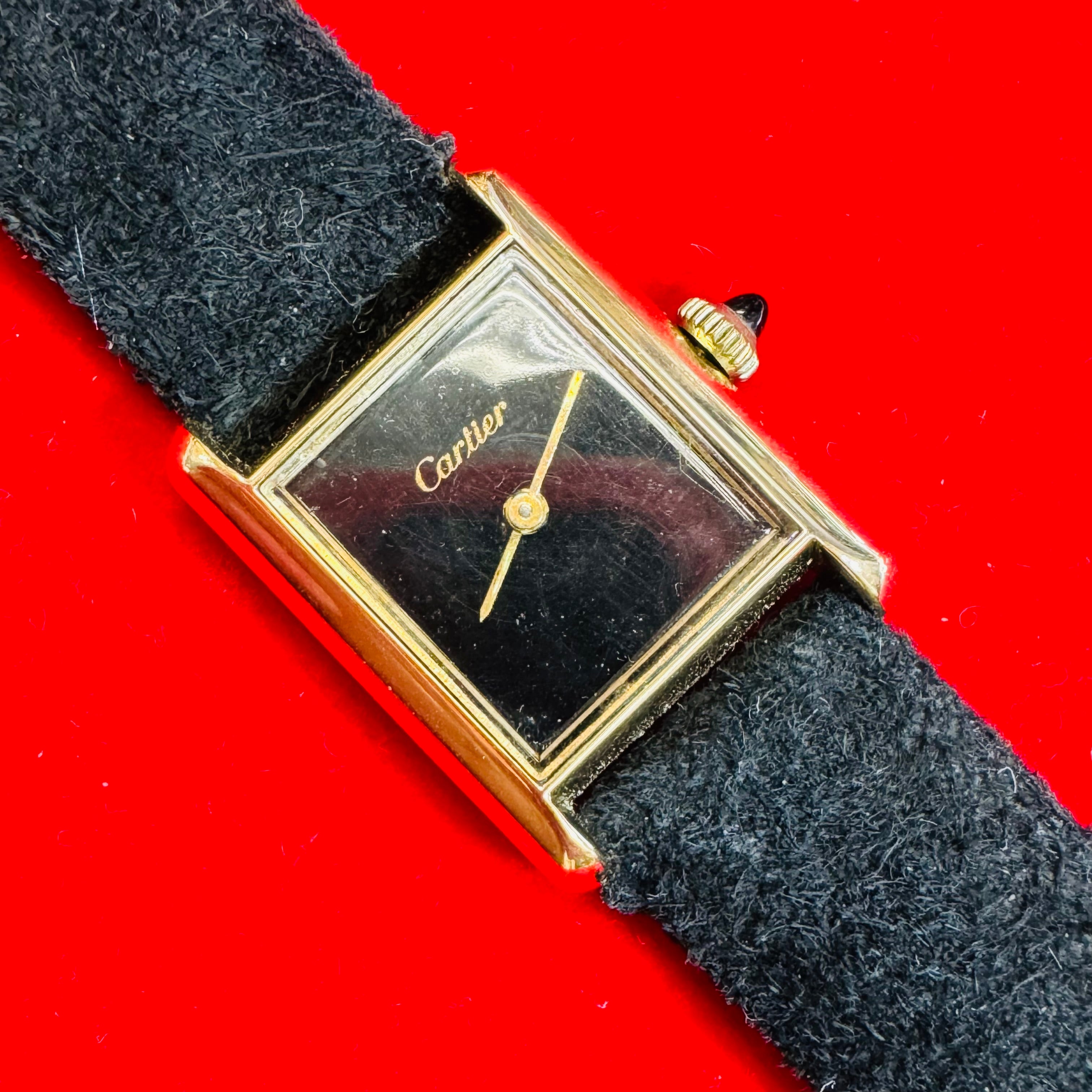 20mm Gold Vermeil Black Face Cartier Tank Wristwatch