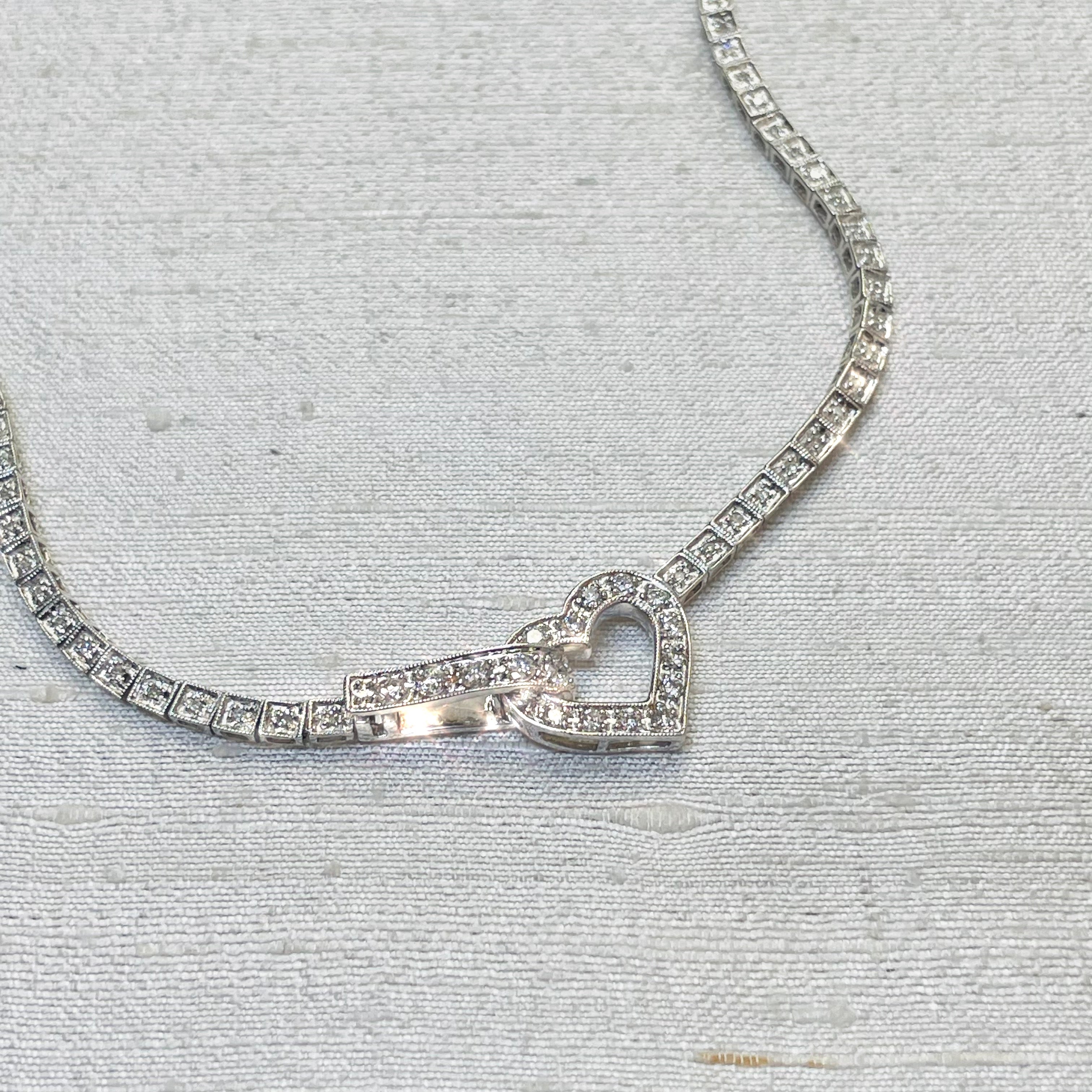 14K White Gold Natural Diamond Tennis Necklace with Heart Center