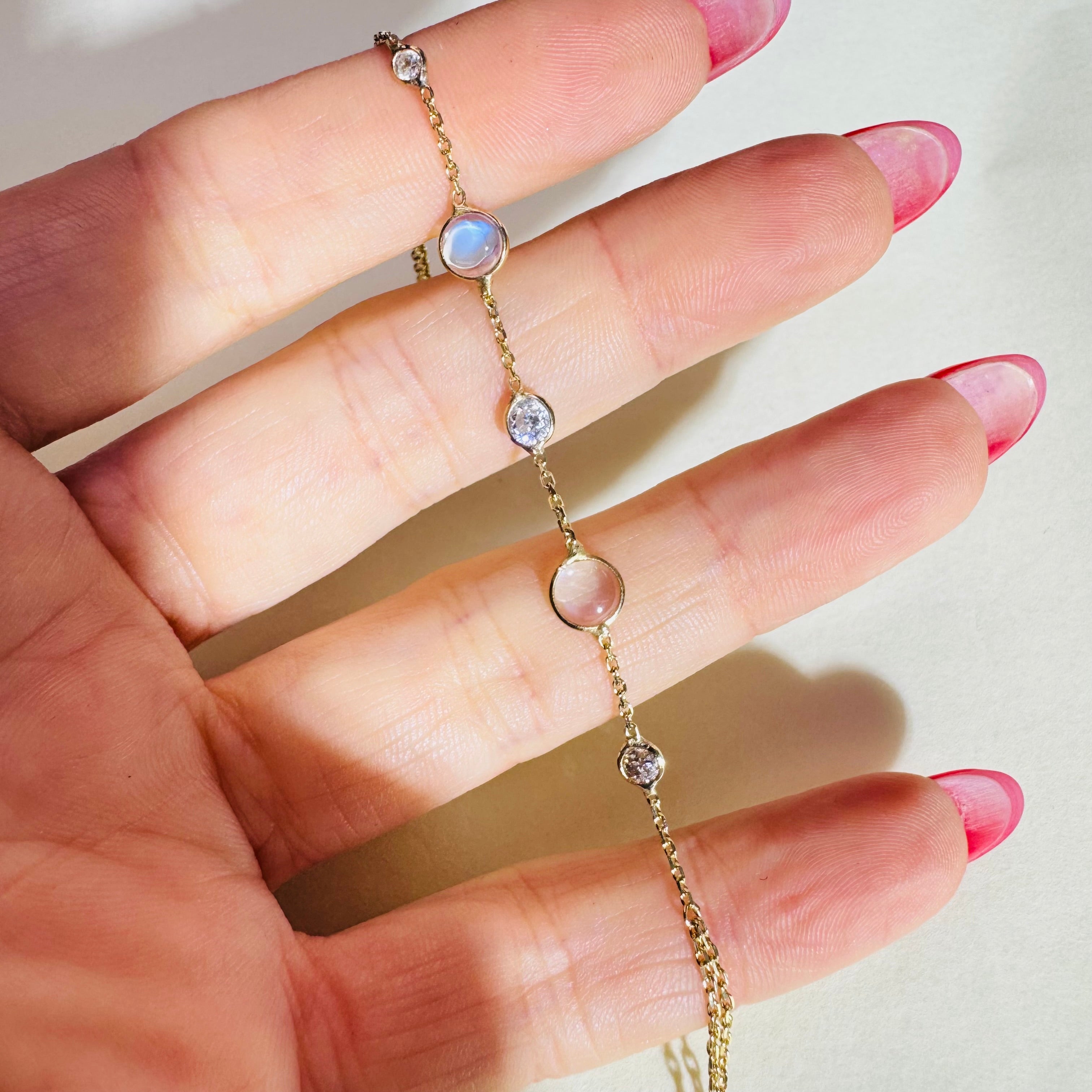 14K Yellow Gold Moonstone and Old Mine Diamond Handchain