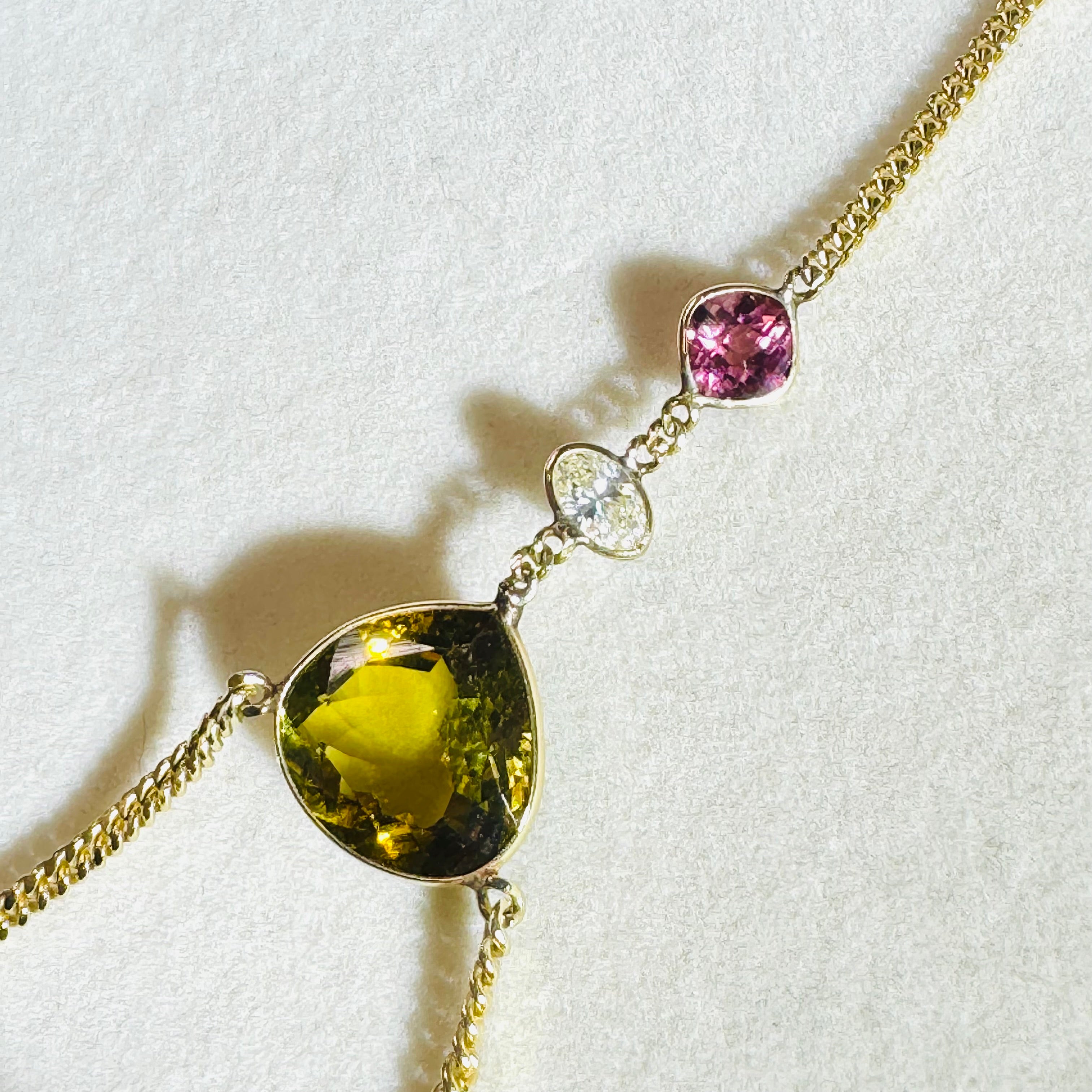 Golden and Pink Tourmaline with a Diamond Hand Chain 14K Yellow Gold Curb Link