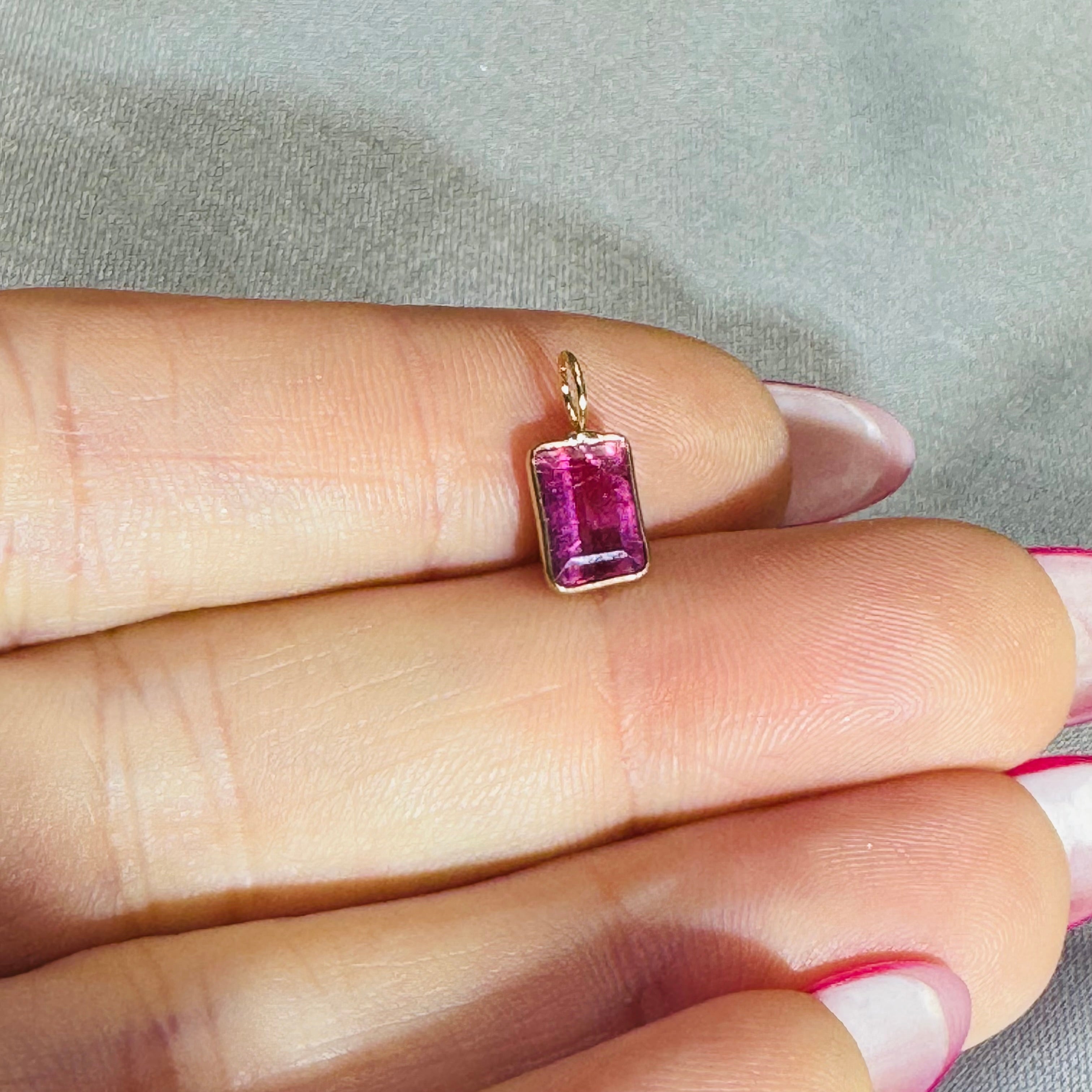 Hot Pink Tourmaline Charm Pendant 14K Yellow Gold