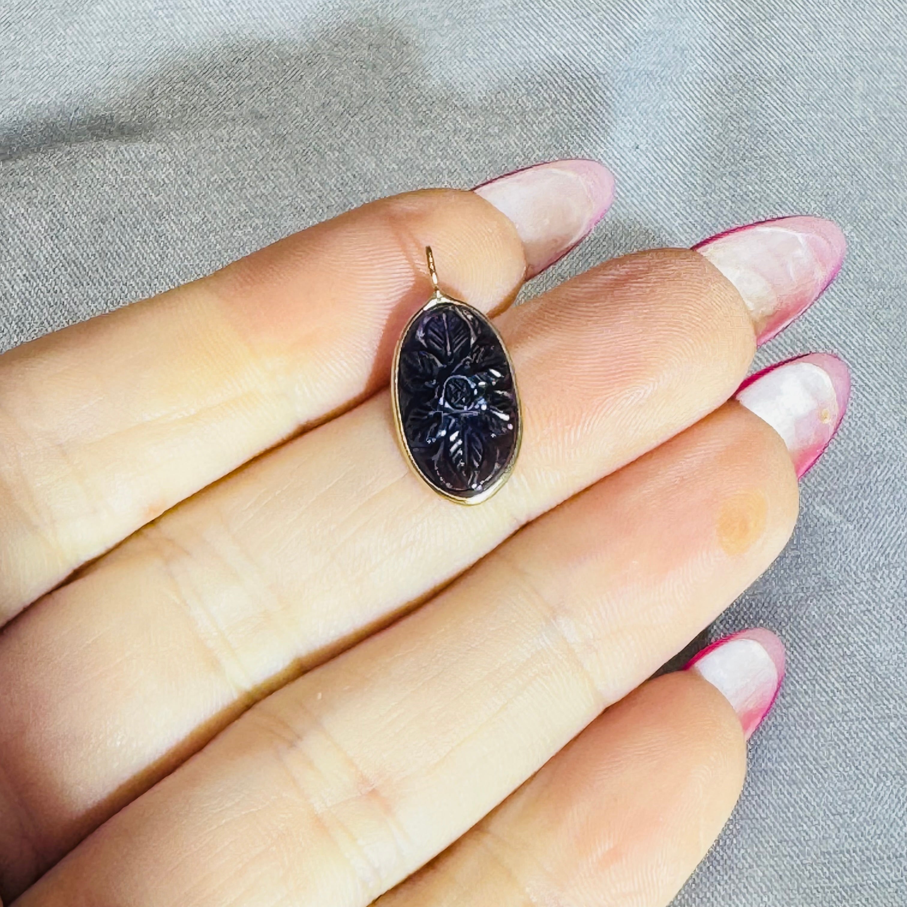 Carved Blue Iolite Pendant 14K Yellow Gold