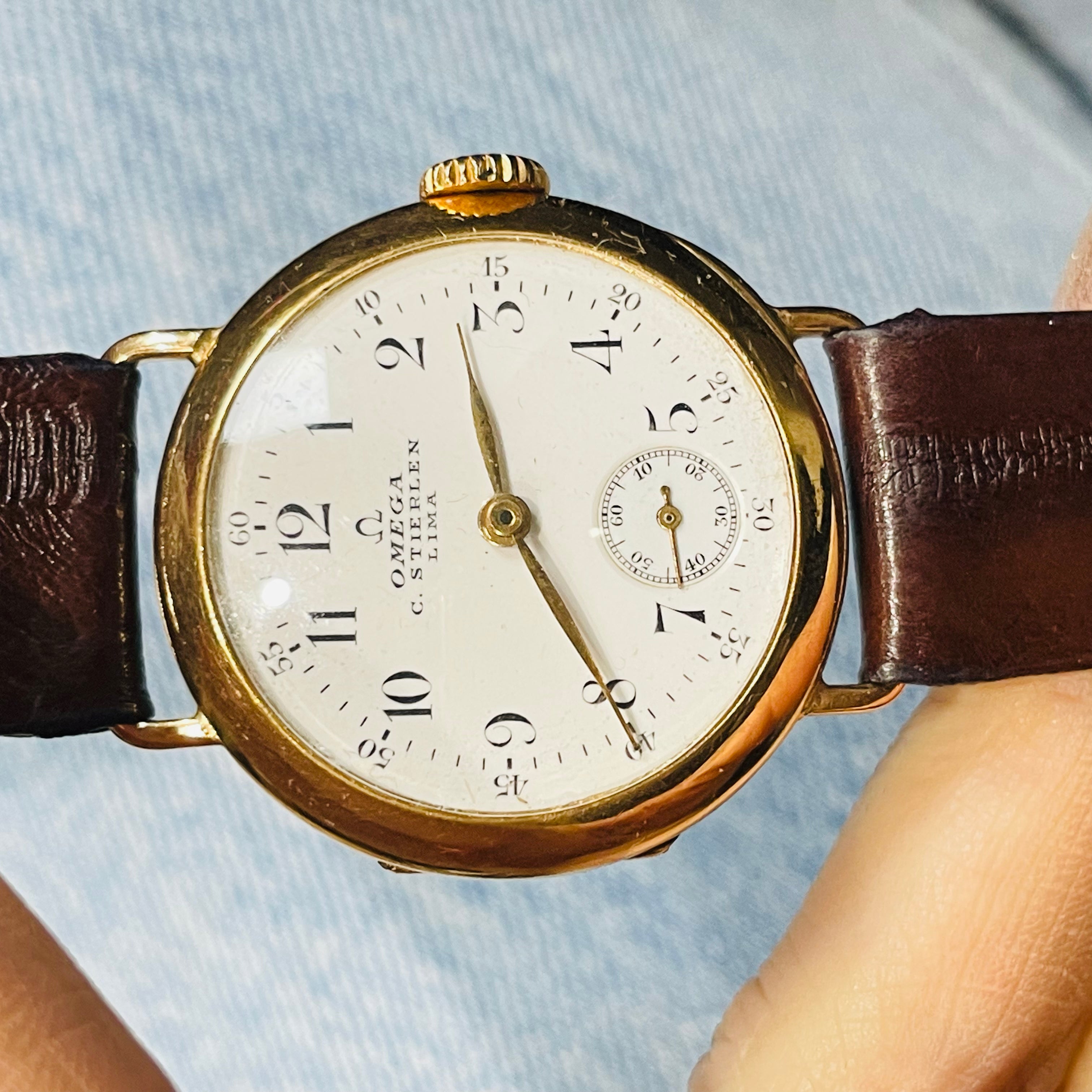 Antique Omega 18K Yellow Gold Pocket Watch Conversion Wrist Watch 32mm