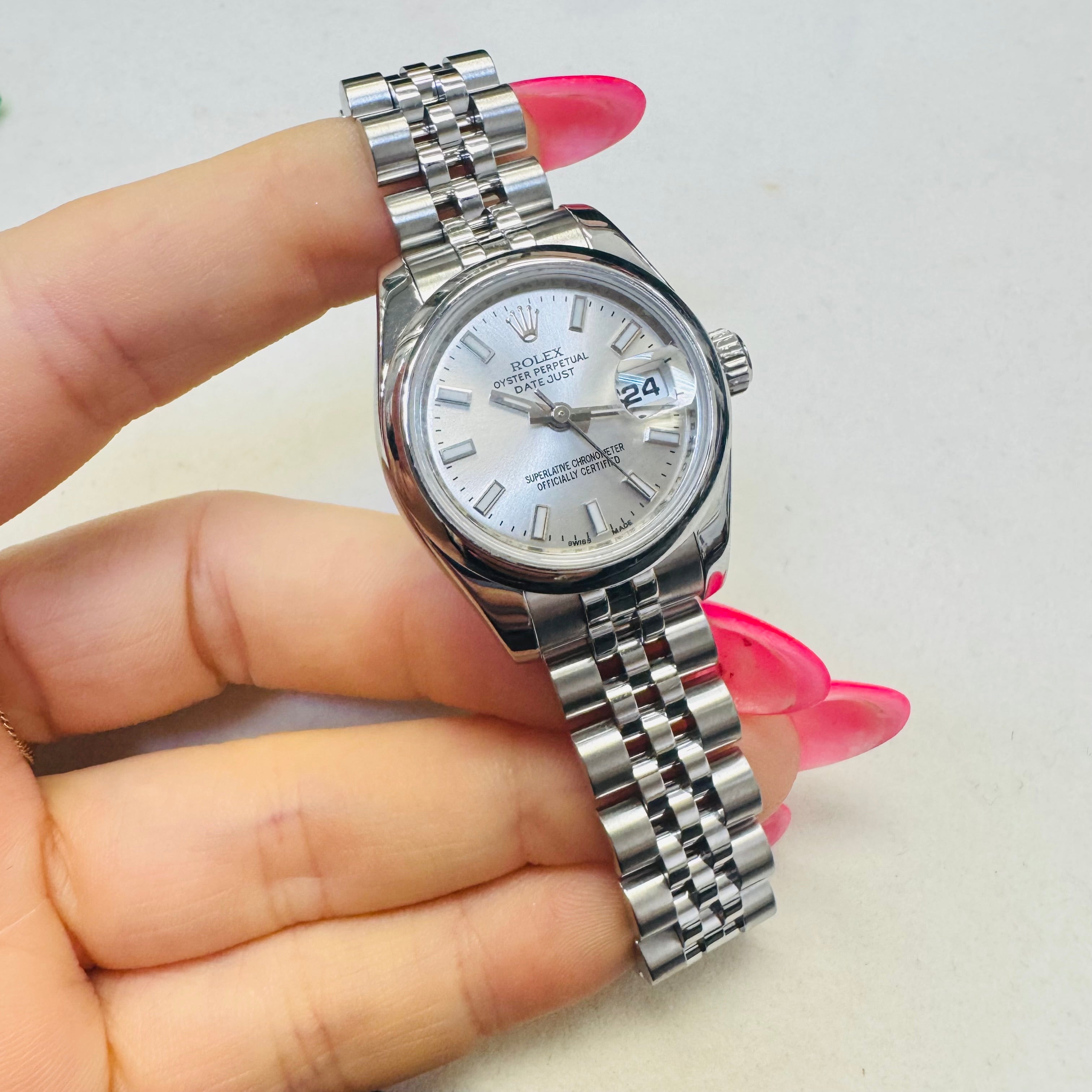 28MM Stainless Steel Rolex DateJust 2007 with Silver Stick Dial Bezel Engraved