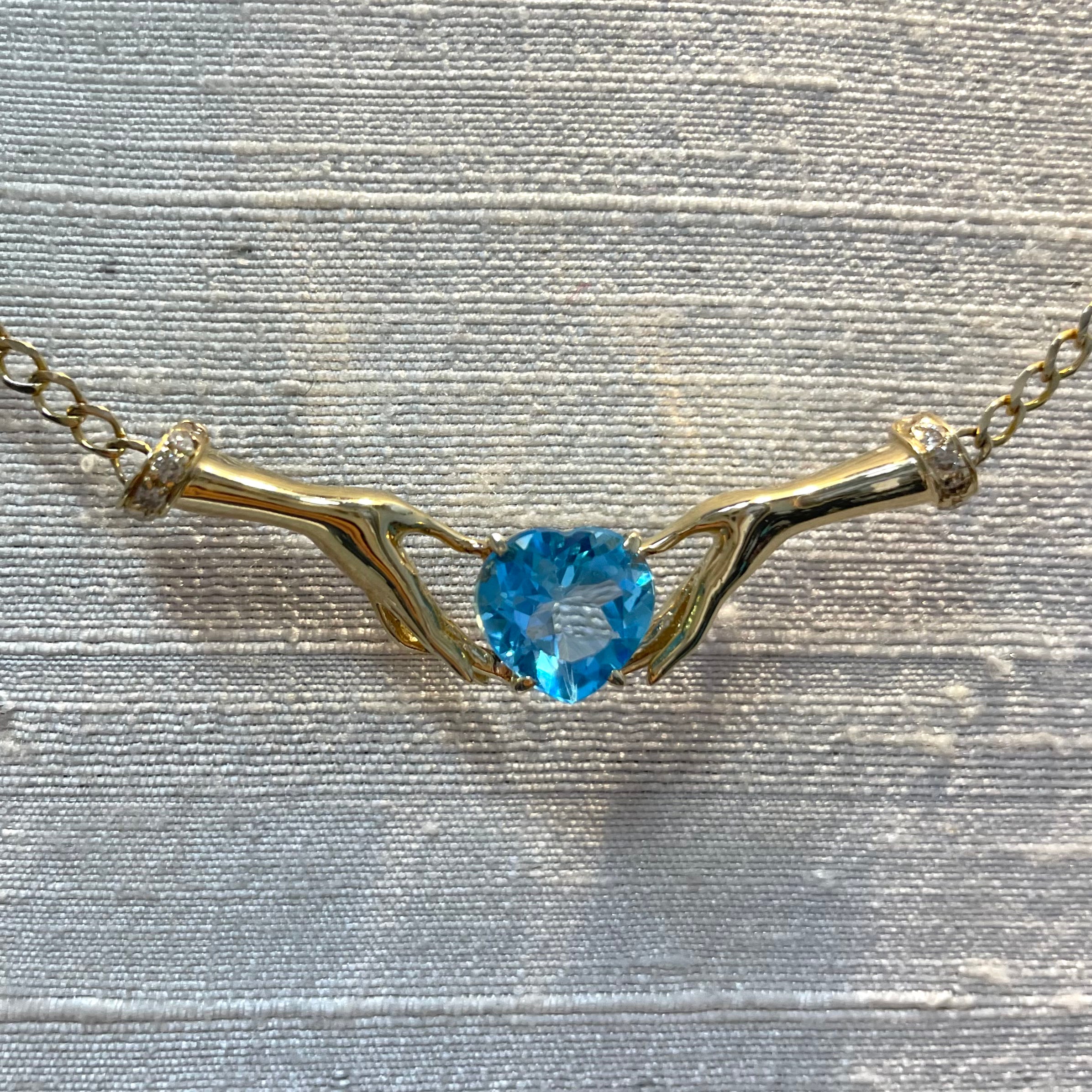 Gorgeous Blue Topaz Heart and Diamond Hands Collar Necklace