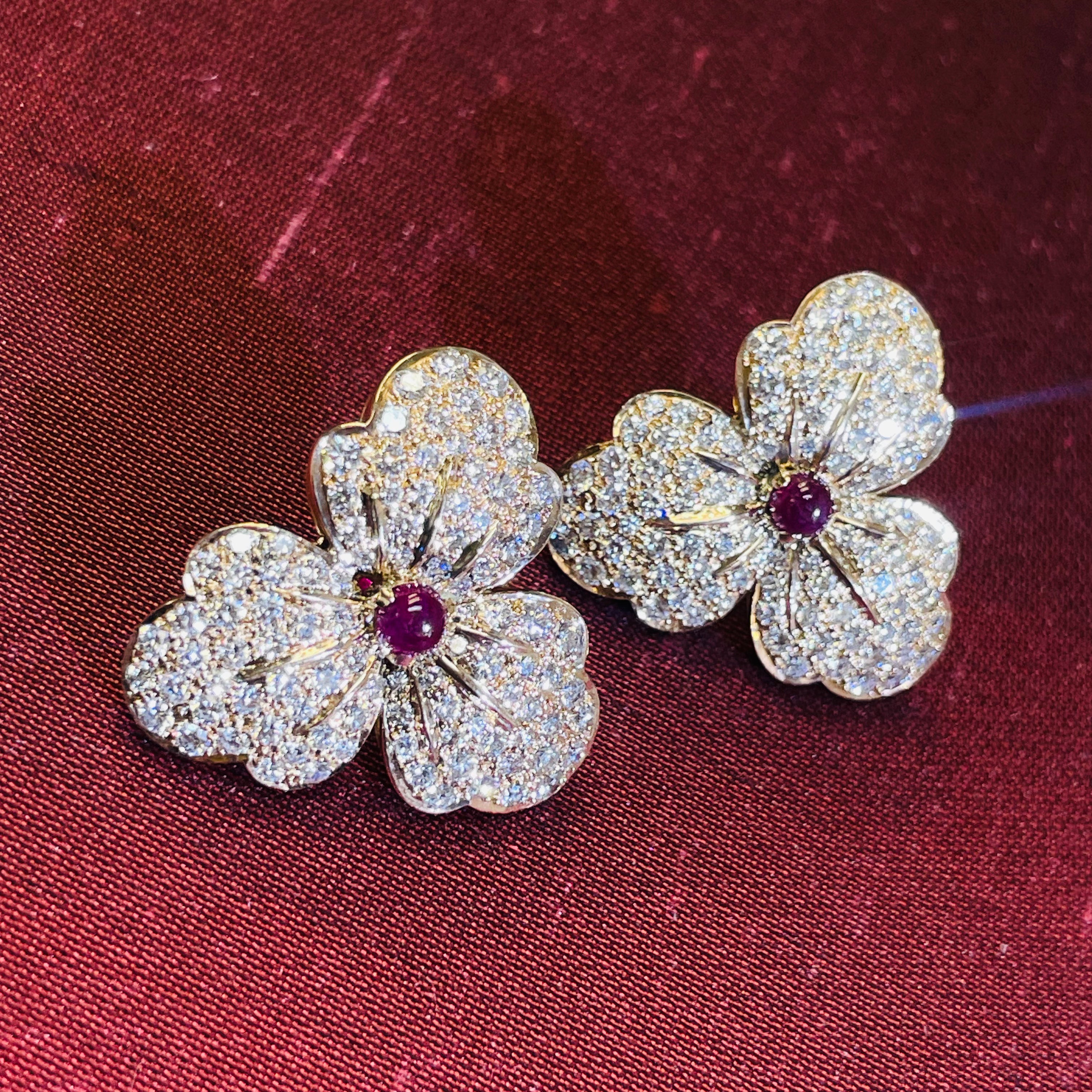 Amazing Vintage Diamond Pave Ruby Flower Earrings