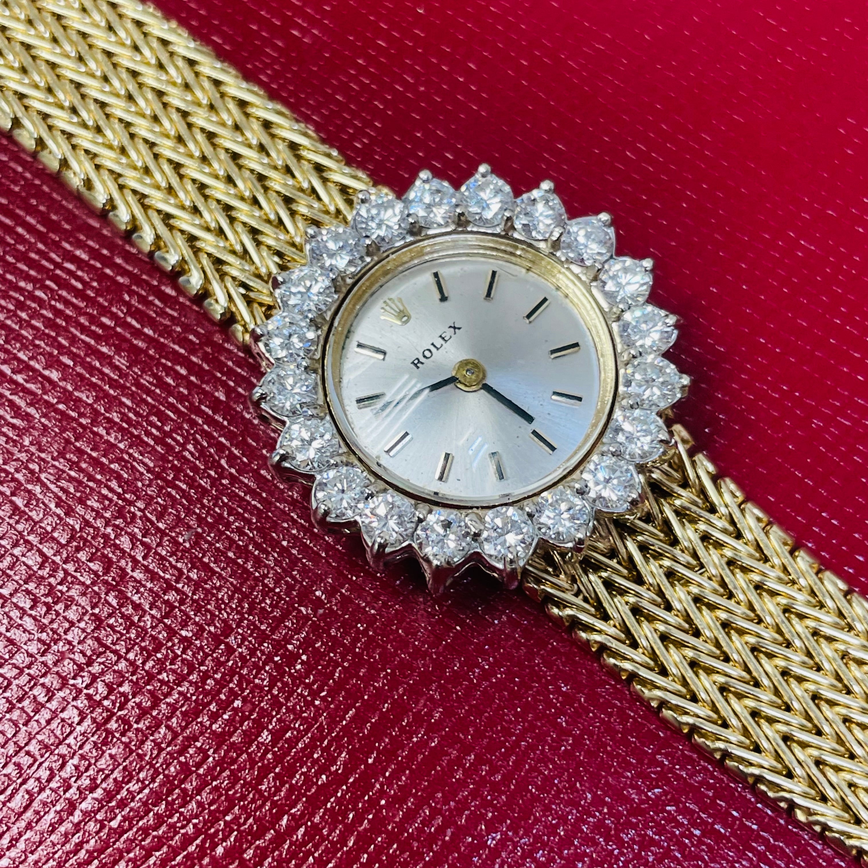 25mm Vintage Ladies Rolex Wristwatch with Factory Diamond Halo Bezel in Solid 14K Yellow Gold