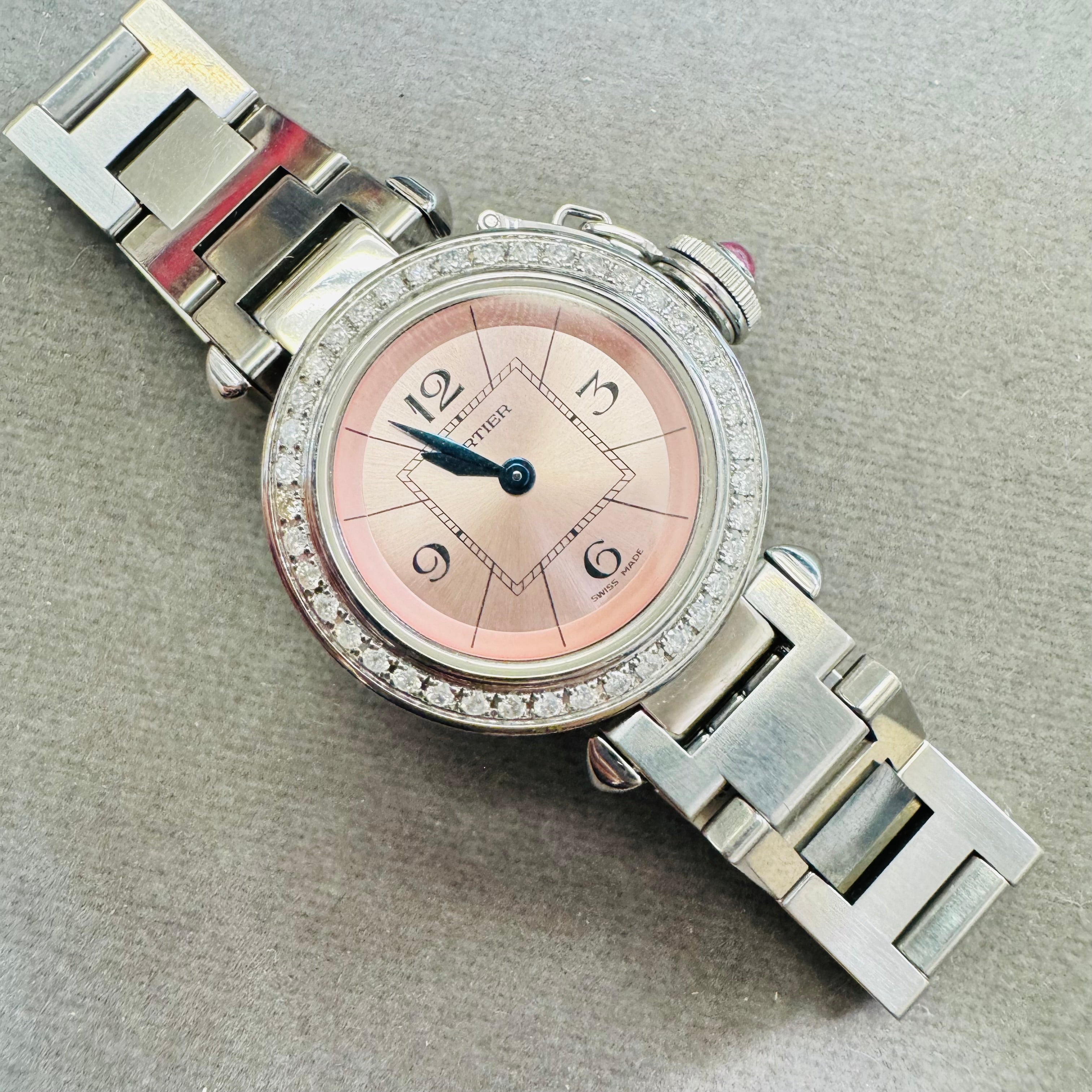 Cartier Pasha 28mm Steel Diamond Bezel Pink Dial Watch