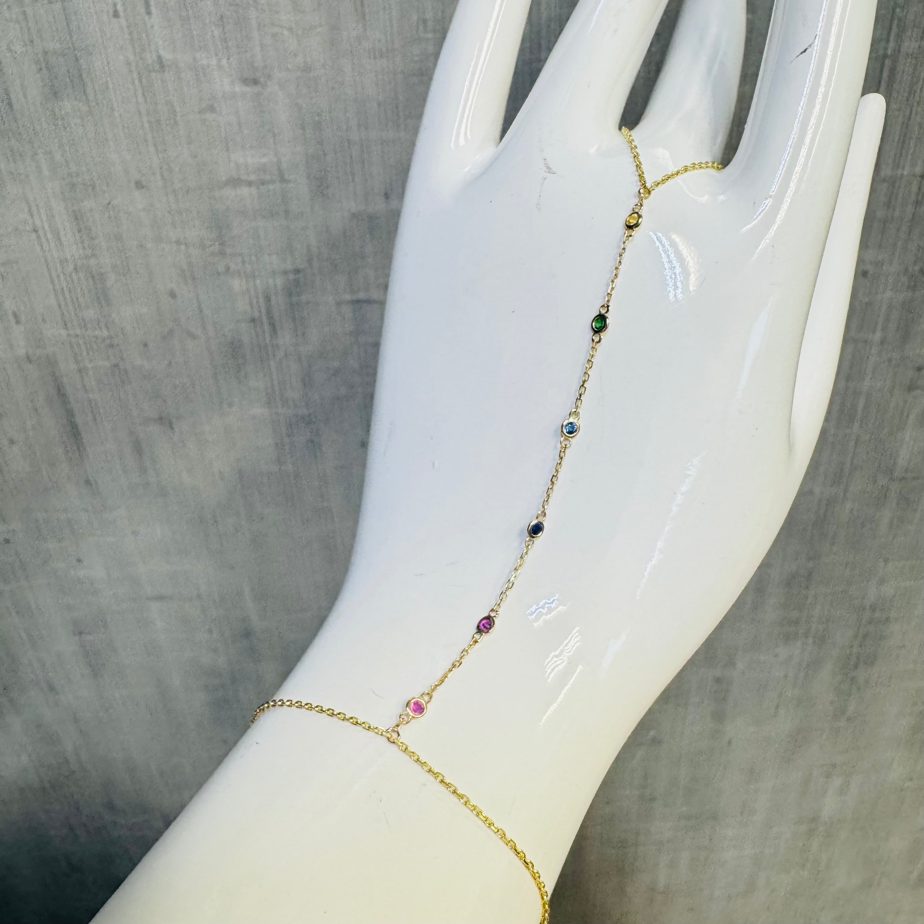 14K Yellow Gold Rainbow Gem Handchain