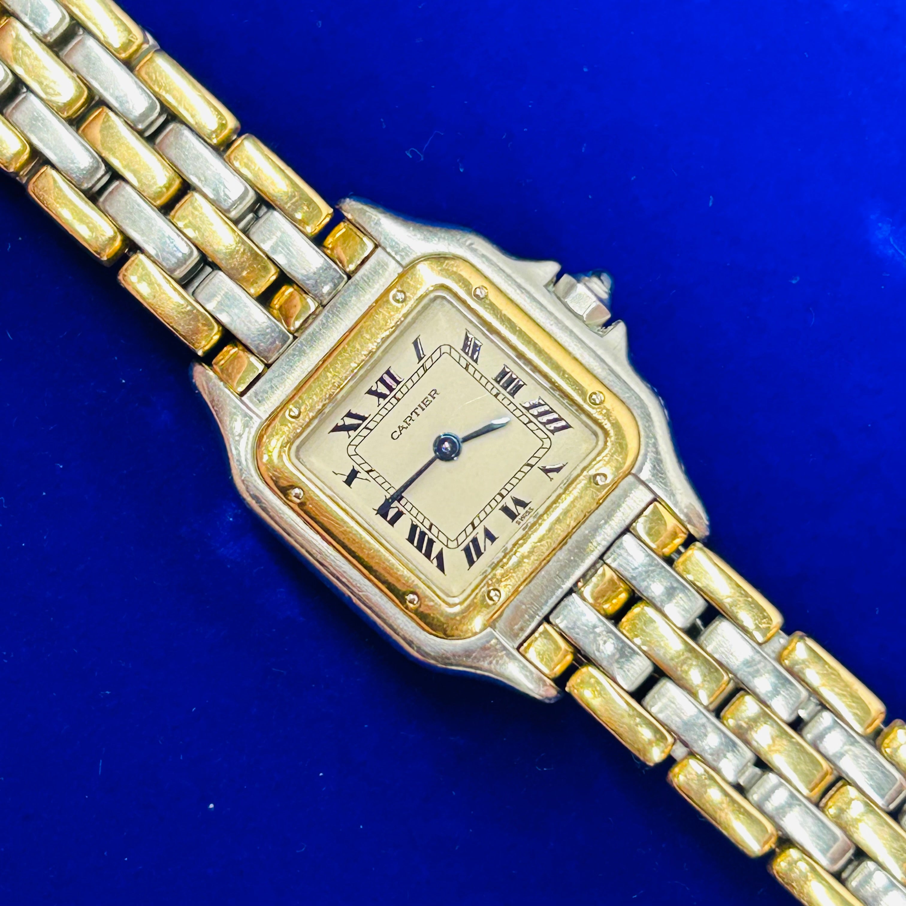 Vintage 18K Yellow Gold & Stainless Steel Panthere Quartz Wrist Watch Three Row