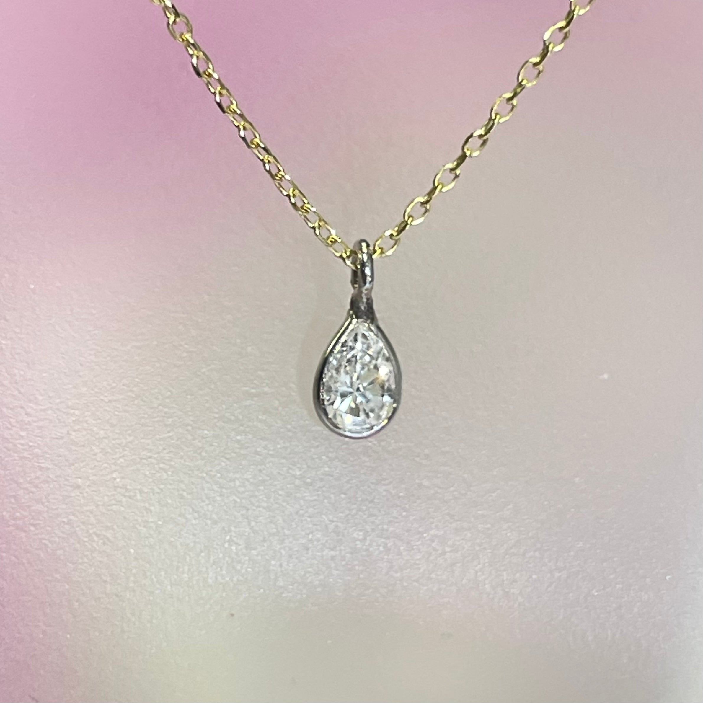 .24CT Natural White Pear  Diamond 14K Yellow Gold Solitaire Necklace 16"