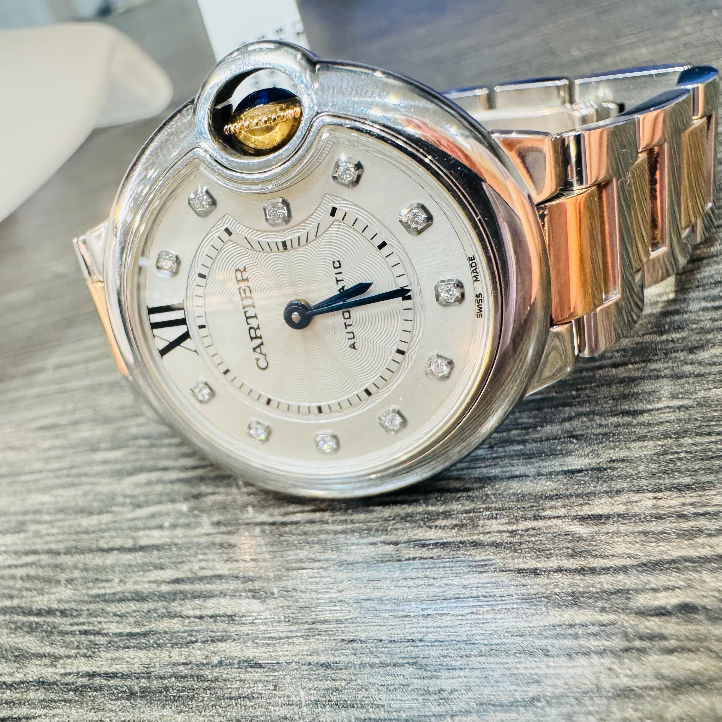 Cartier 33mm  Rose Gold And Stainless Steel Diamond Ballon Bleu Watch
