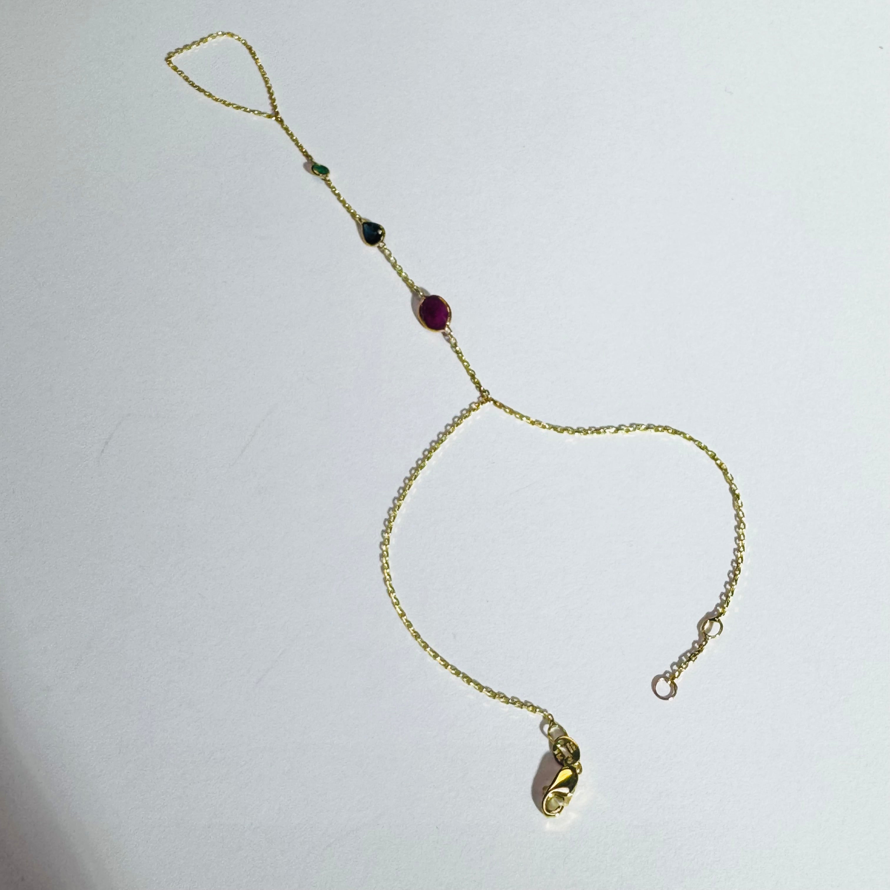 14K Yellow Gold Emerald Ruby Sapphire Handchain