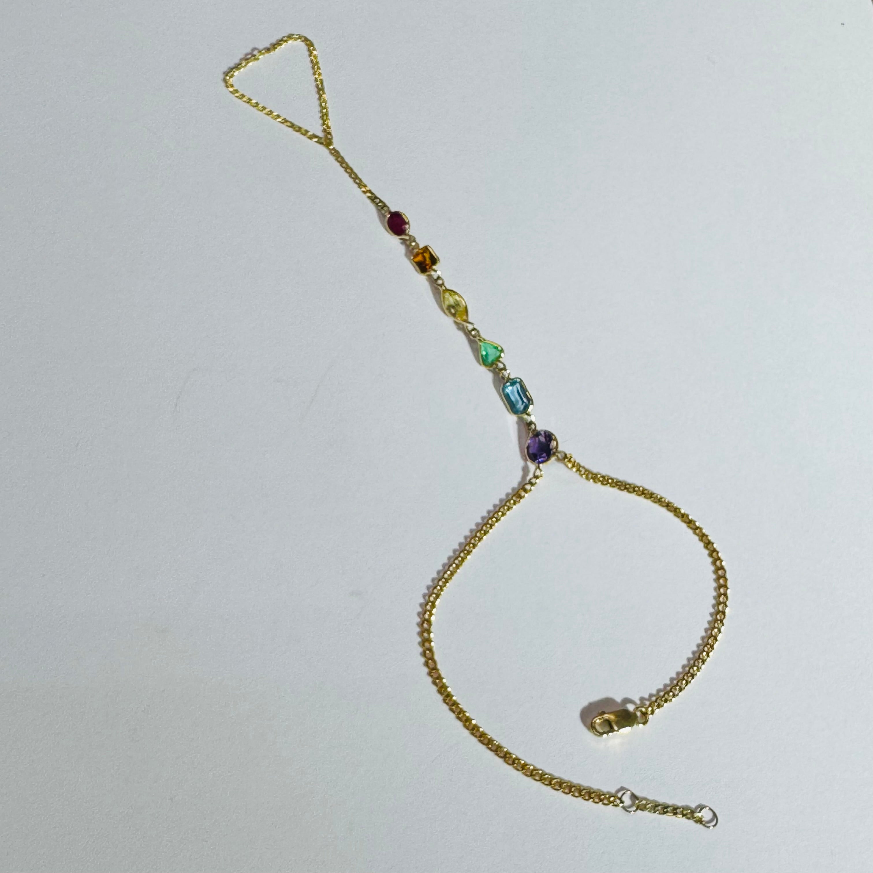 14K Yellow Gold Rainbow Gem Handchain