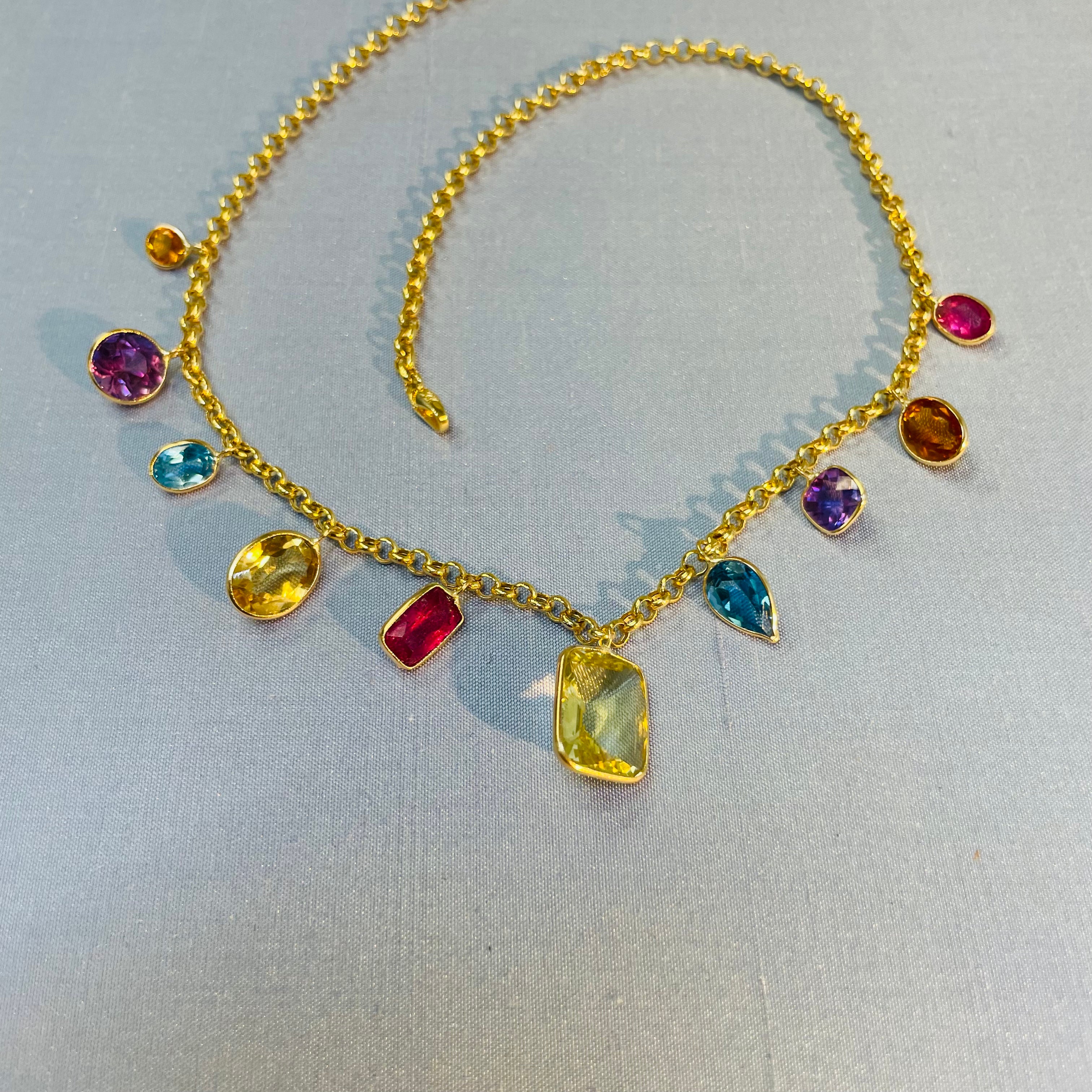 Bright and Colorful! Solid 14K Yellow Gold Gem Charm Necklace with Pink Tourmaline Topaz Citrine Aquamarine, and Amethyst Custom