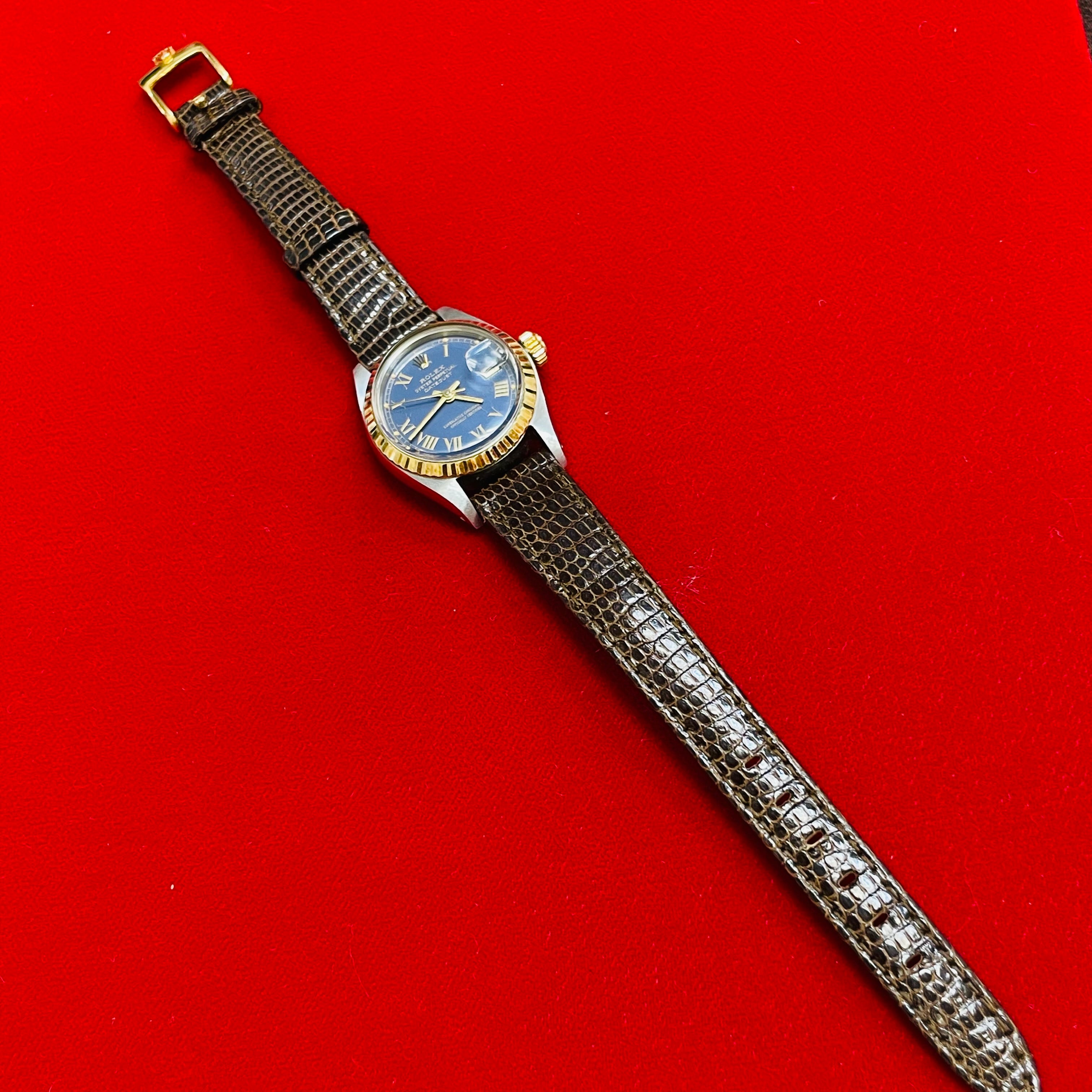 26mm Two Tone 18K Gold and Steel Rare Buckley Blue Dial Wristwatch with Leather Strap