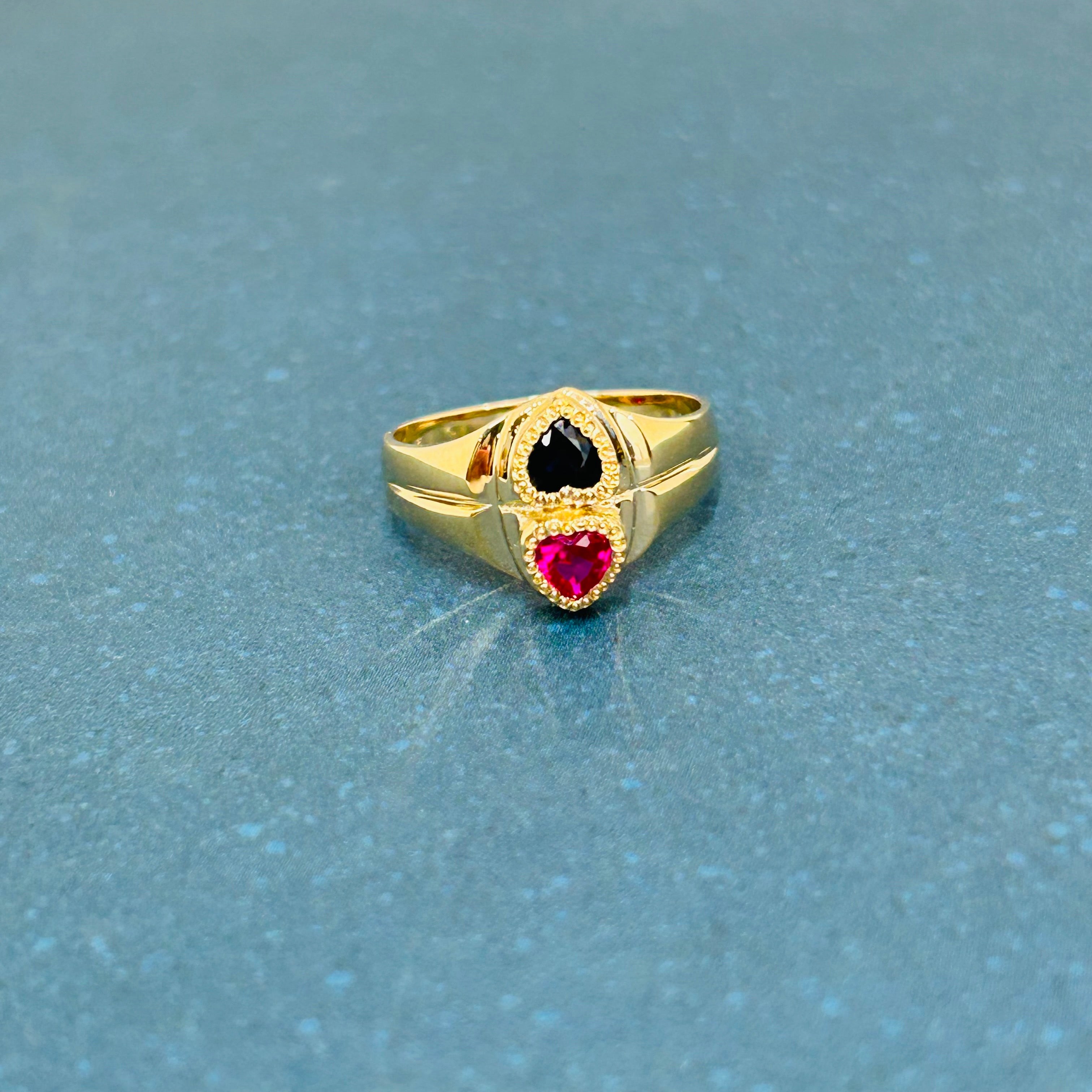 14k Yellow Gold Double Heart Ruby & Sapphire Size 6.25