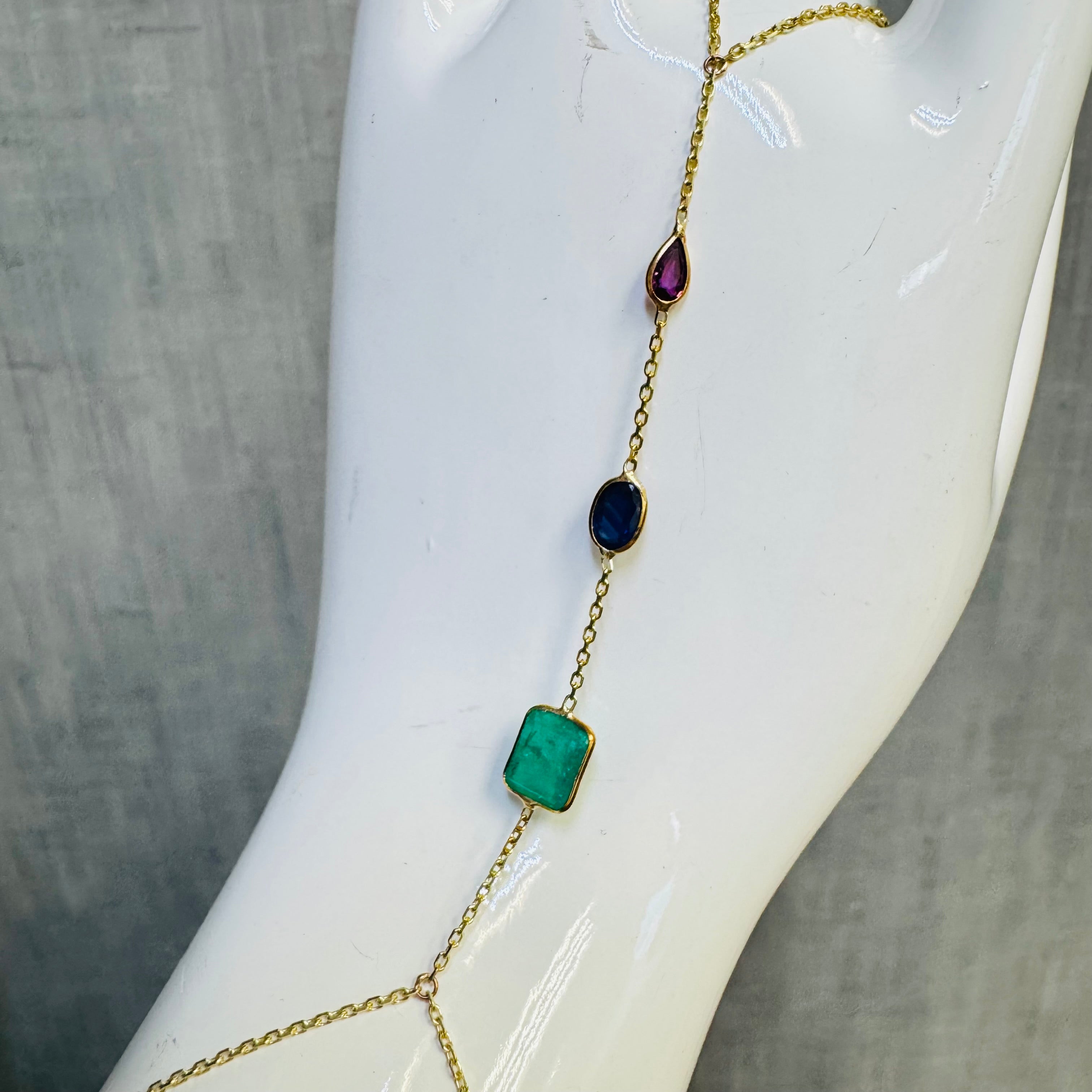 14K Yellow Gold Emerald Ruby Sapphire Handchain