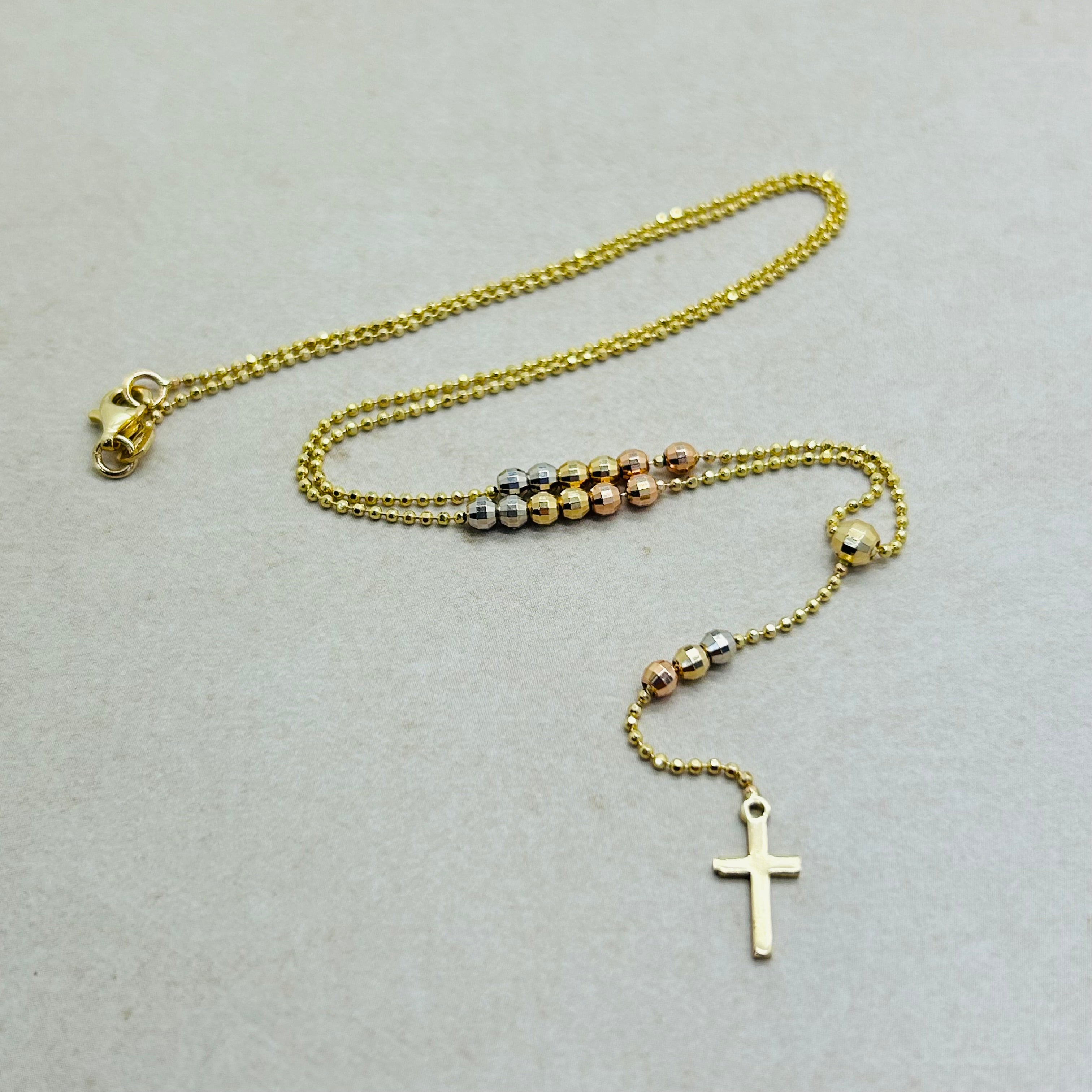 Tri Color 14K Gold 17” Rosary Necklace