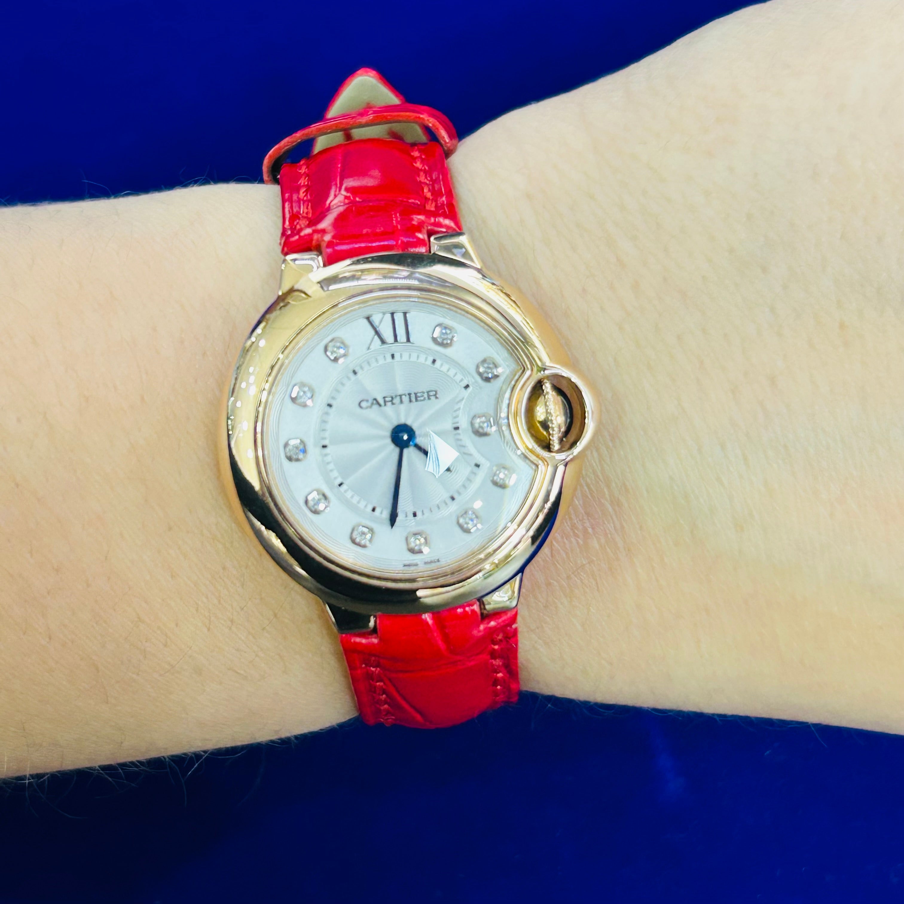 Cartier Ballon Bleu 28MM 18K Rose Gold Leather Strap Quartz 6.5"