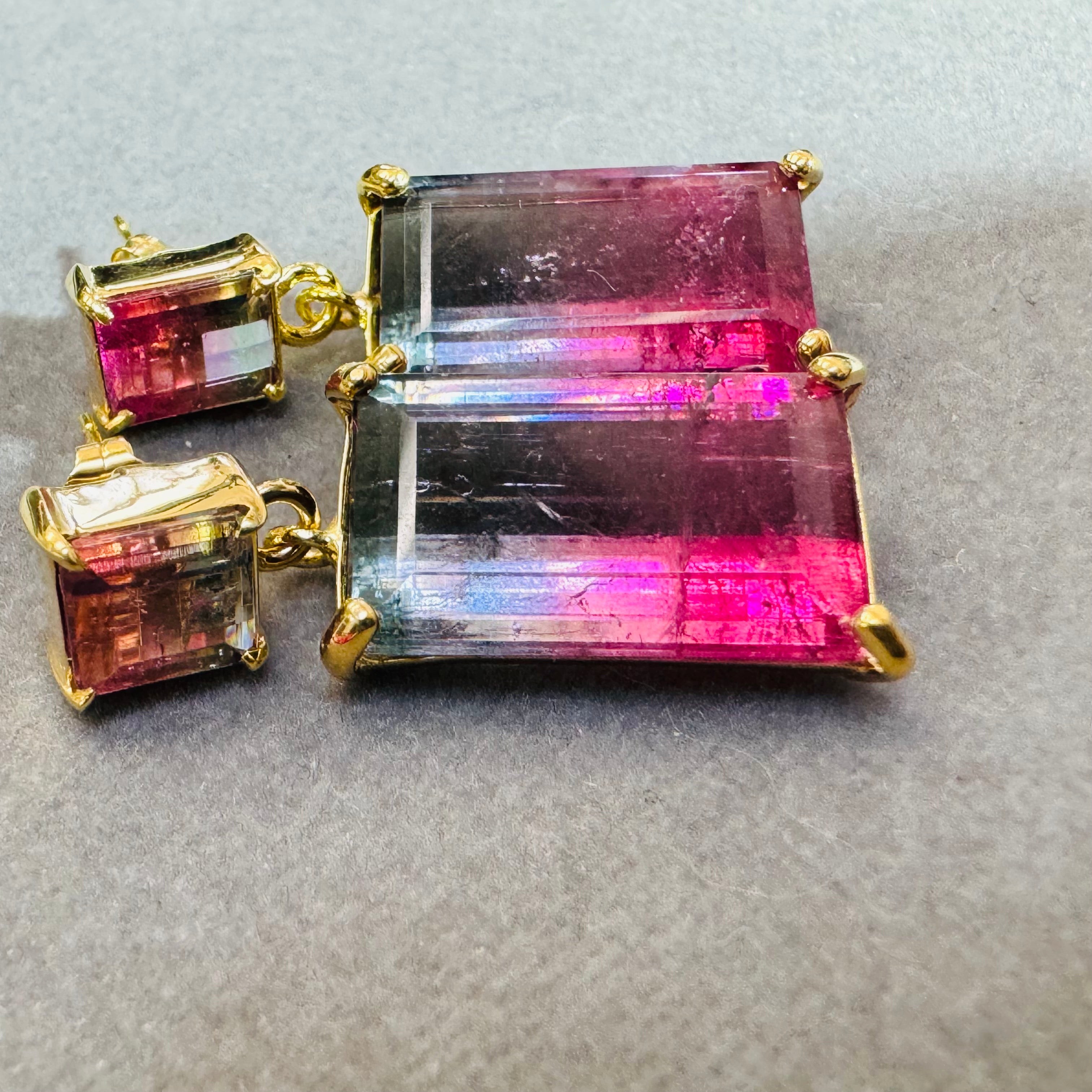 Bi-Color Pink Tourmaline 14K Yellow Gold Drop Earrings