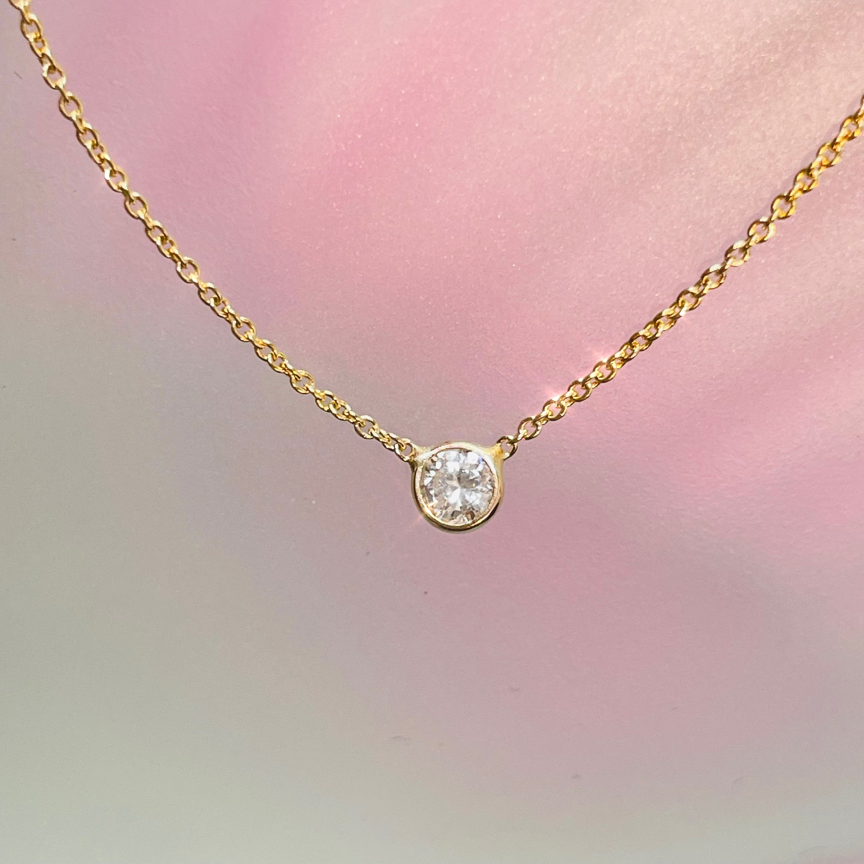 .15CT Natural Round Diamond 14K Yellow Gold Solitaire Necklace 18”